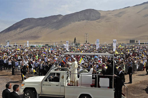 Pope Francis arrives to celebrate Mass on Lobito Beach in Iquique, Chile, on Jan. 18, 2018. 