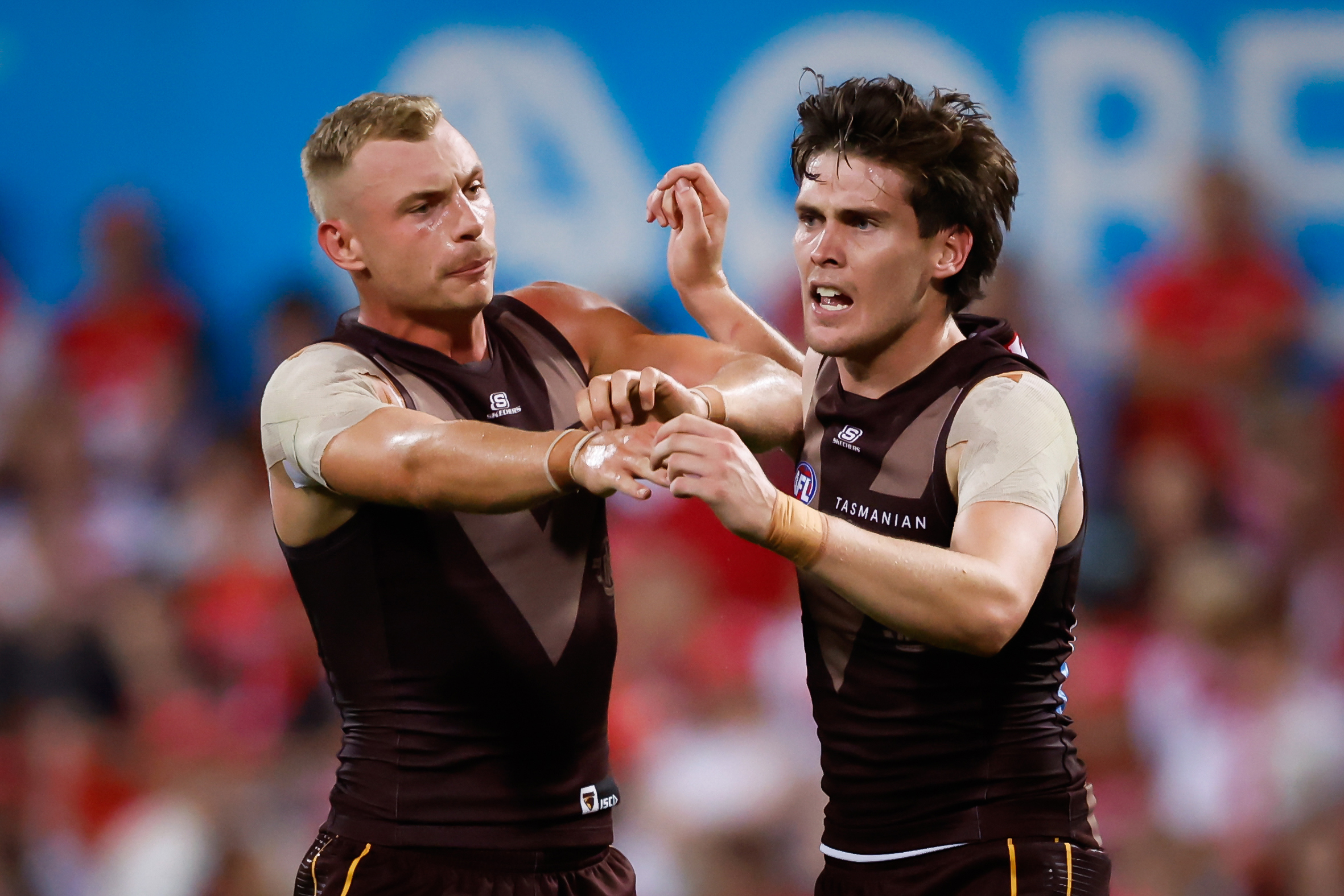 Will Day celebrates a goal with Hawthorn teammate James Worpel.