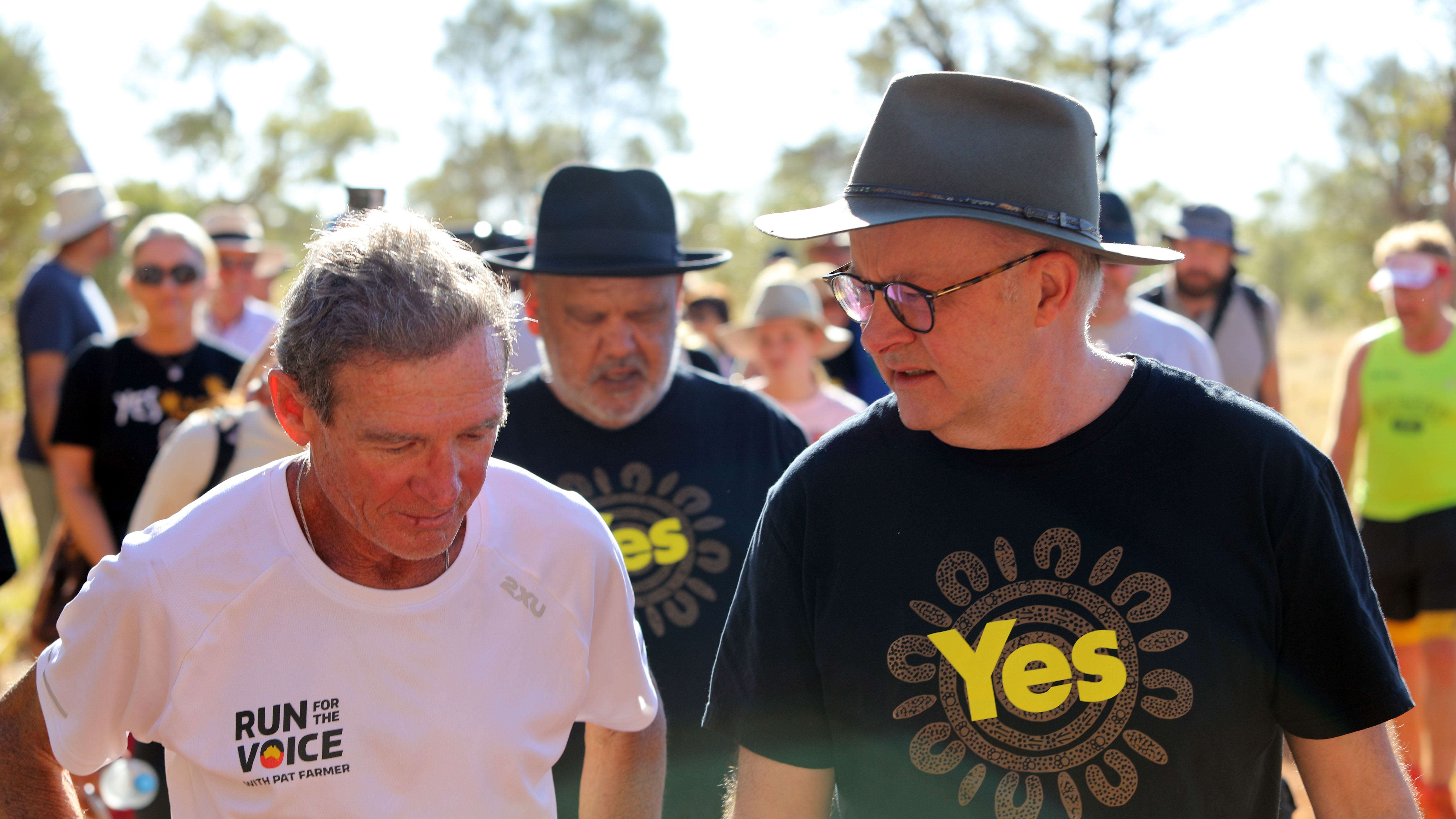 Prime Minister Anthony Albanese and Noel Pearson meet with Pat Farmer at Uluru