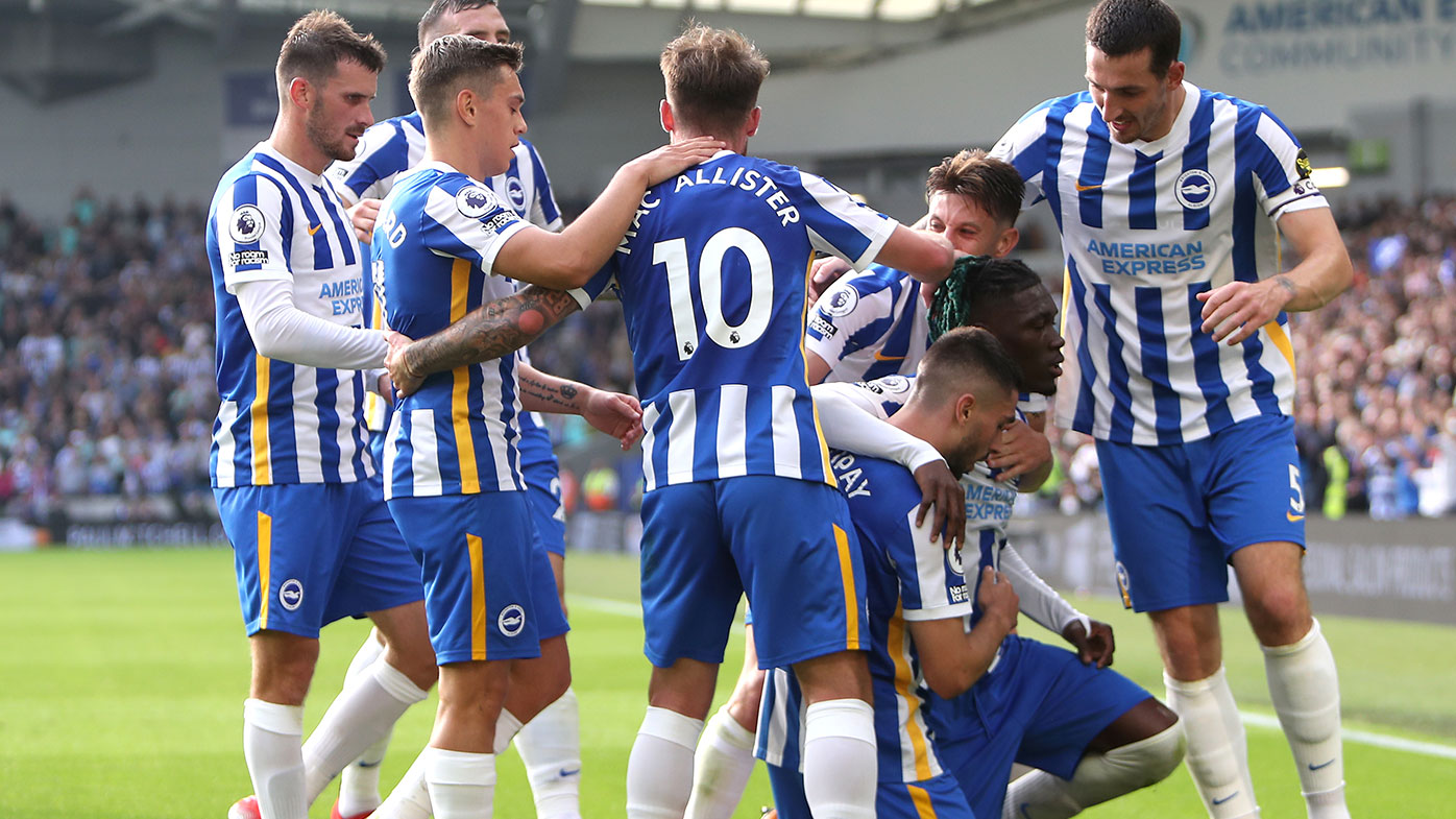 Brighton and Hove Albion's Neal Maupay (centre) celebrates scoring their side's second goal of the game with team-mates during the Premier League match at the AMEX Stadium, Brighton. Picture date: Saturday August 21, 2021. (Photo by Kieran Cleeves/PA Images via Getty Images)
