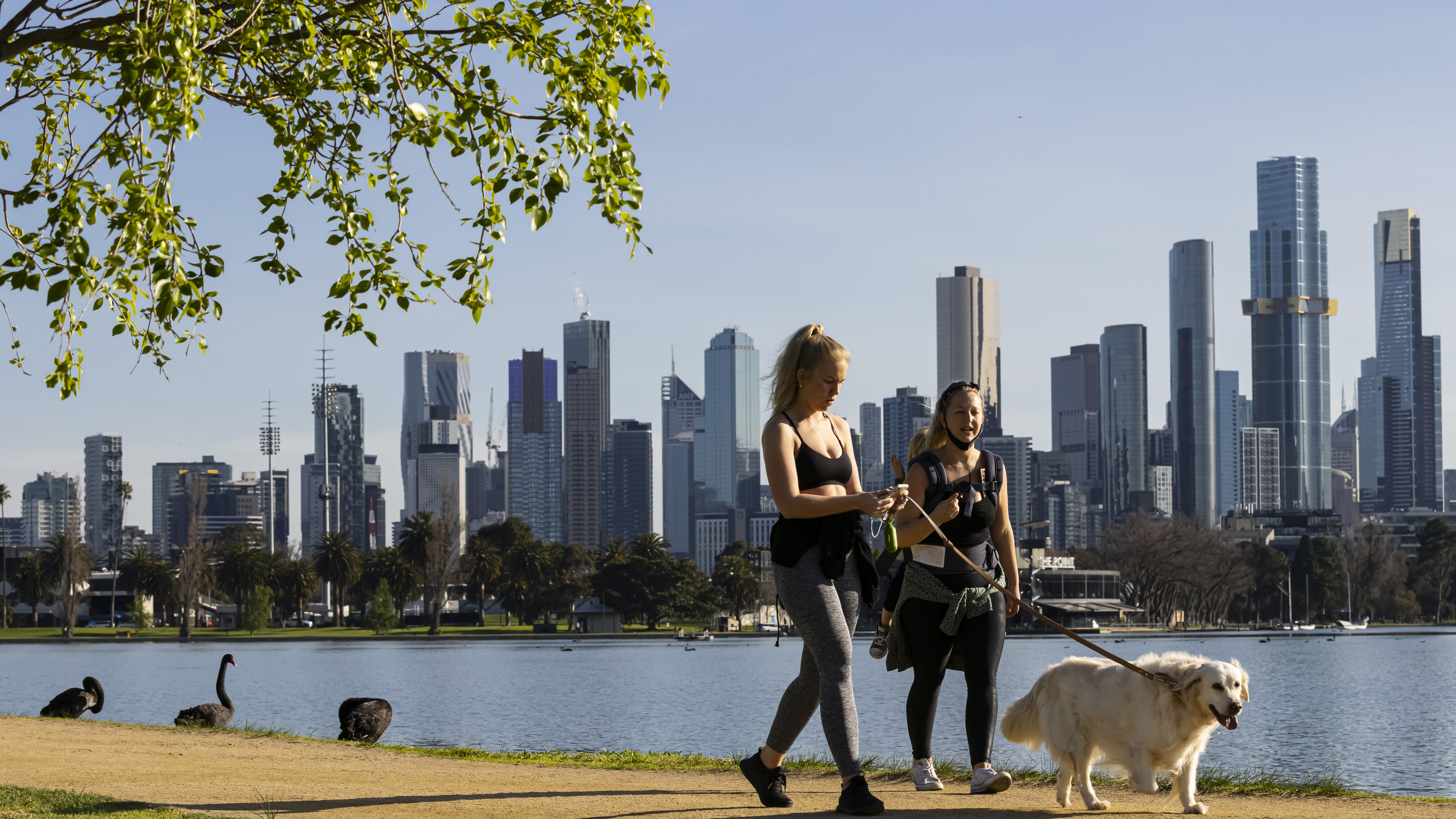 People exercising at Albert Park Lake in Melbourne.