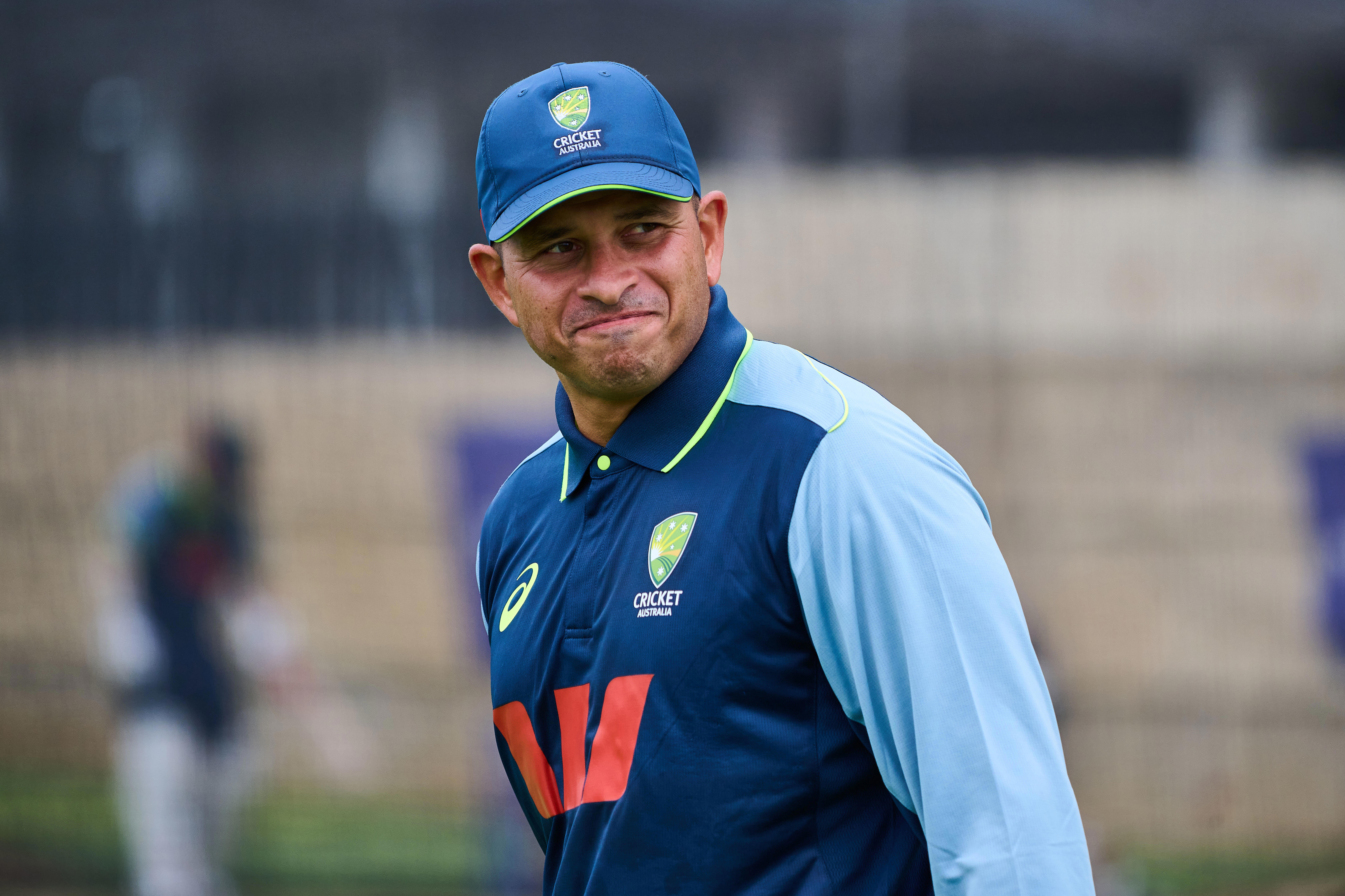 PERTH, AUSTRALIA - NOVEMBER 18: Usman Khawaja  during an Australia nets session at Perth Stadium on November 18, 2025 in Perth, Australia. (Photo by Daniel Carson/Getty Images)