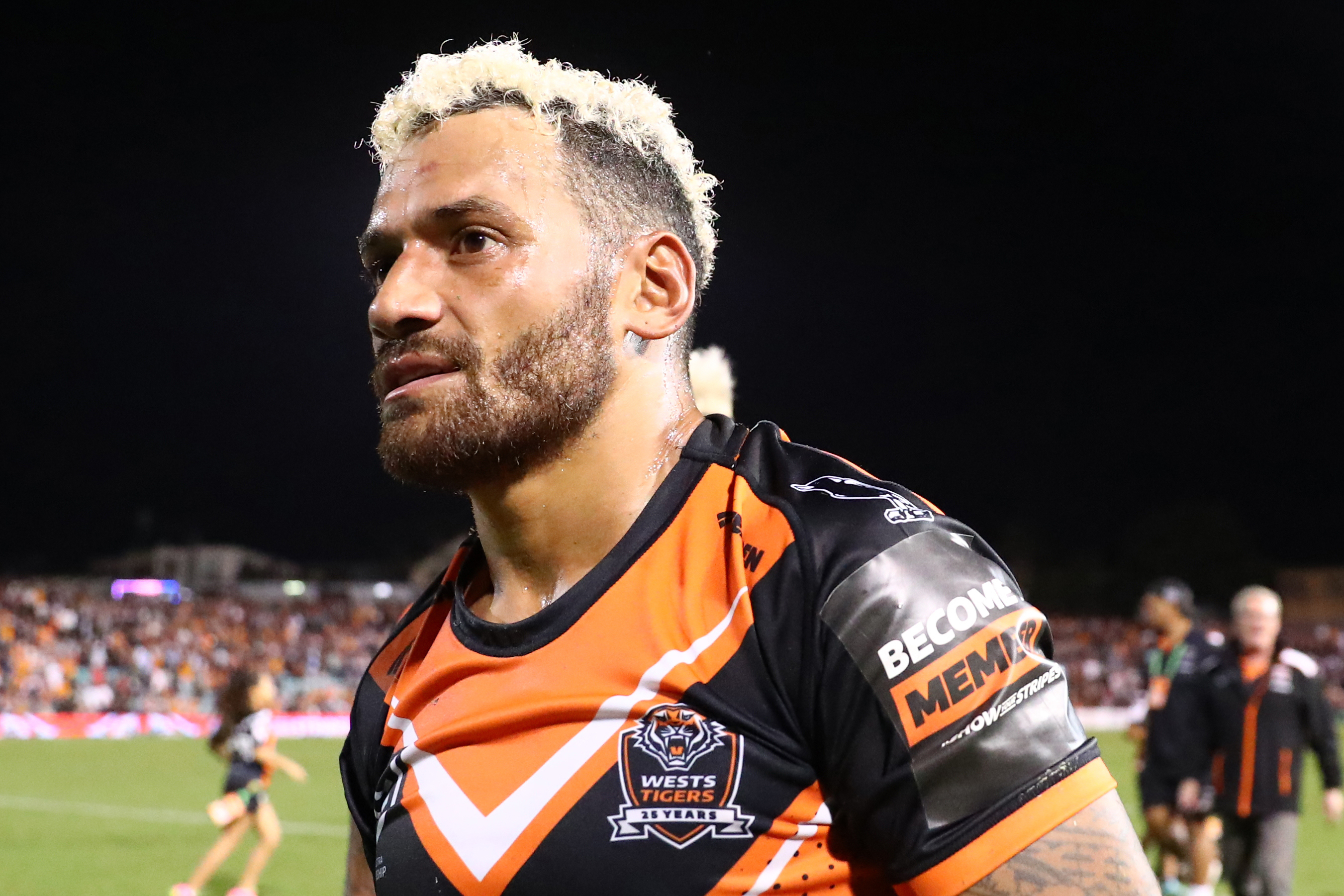 Apisai Koroisau of the Tigers celebrates after winning the round three NRL match between Wests Tigers and Cronulla Sharks at Leichhardt Oval, on March 23, 2024, in Sydney, Australia. (Photo by Jeremy Ng/Getty Images)