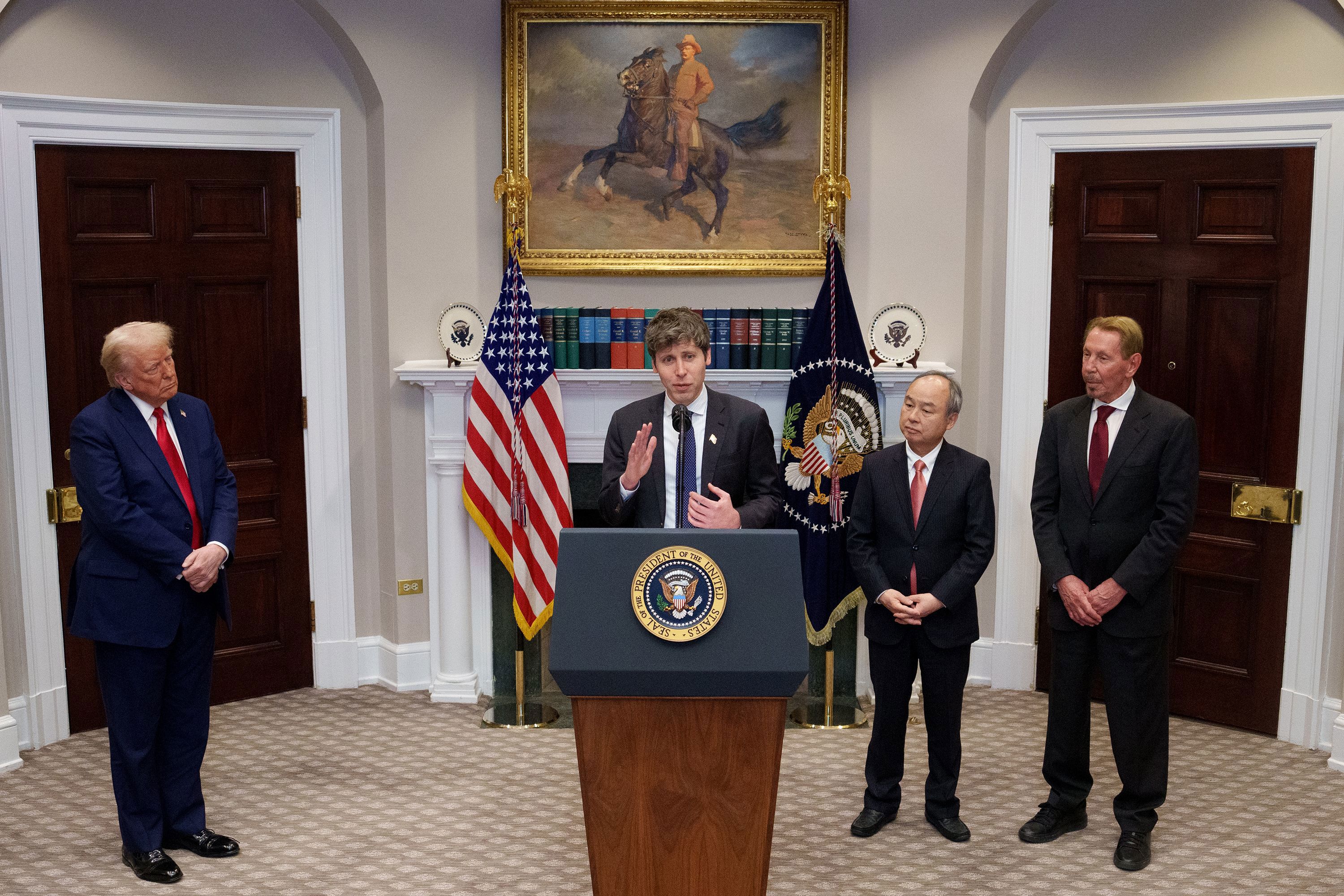 OpenAI CEO Sam Altman, accompanied by President Donald Trump, Oracle CTO Larry Ellison, and SoftBank CEO Masayoshi Son.