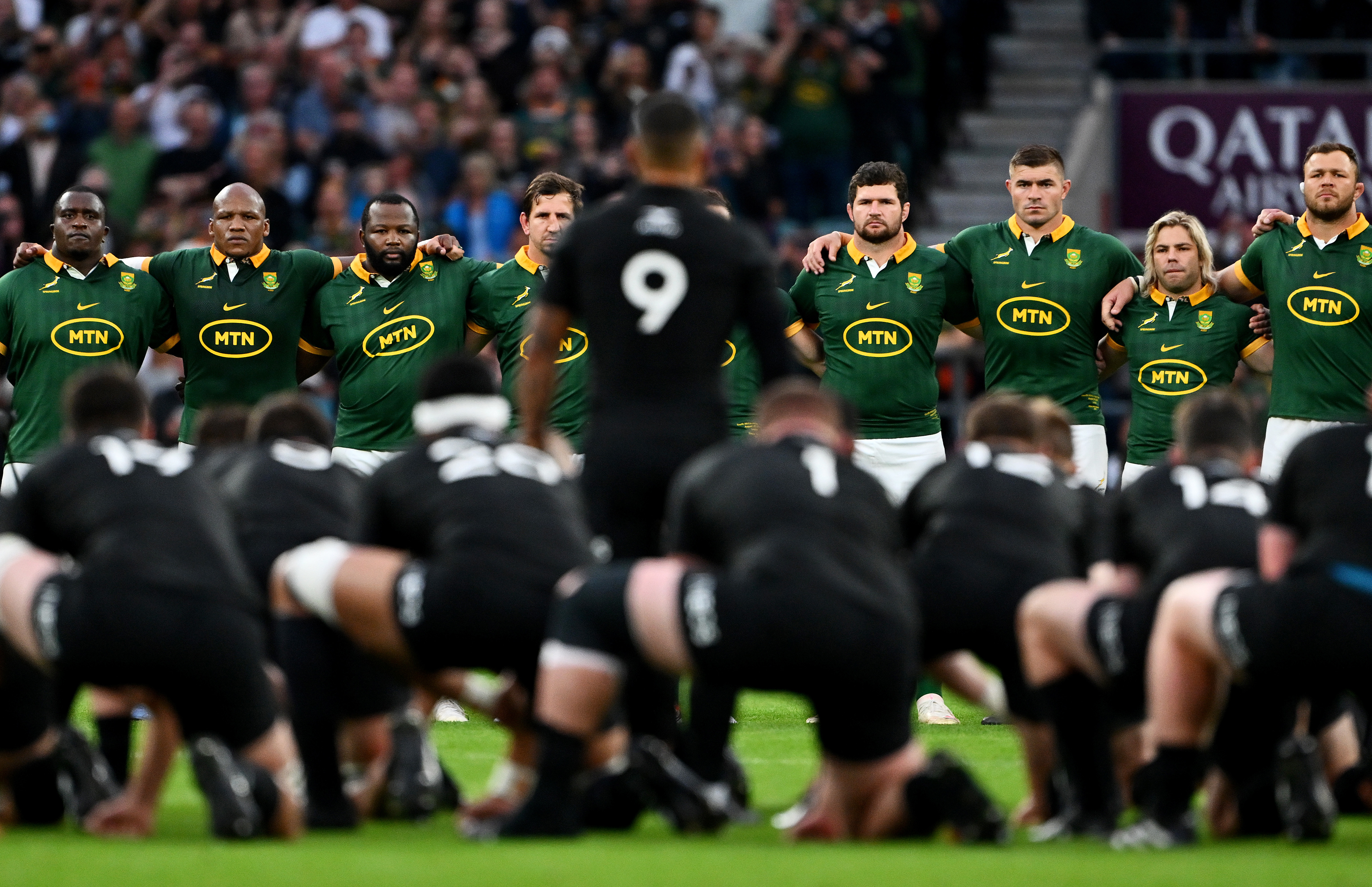 South Africa watch on as Aaron Smith of New Zealand leads the haka.