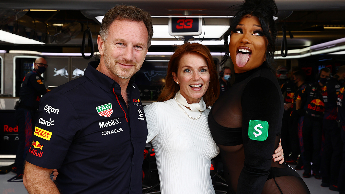 Red Bull team boss Christian Horner with with Geri Halliwell and Megan Thee Stallion at the US Grand Prix.