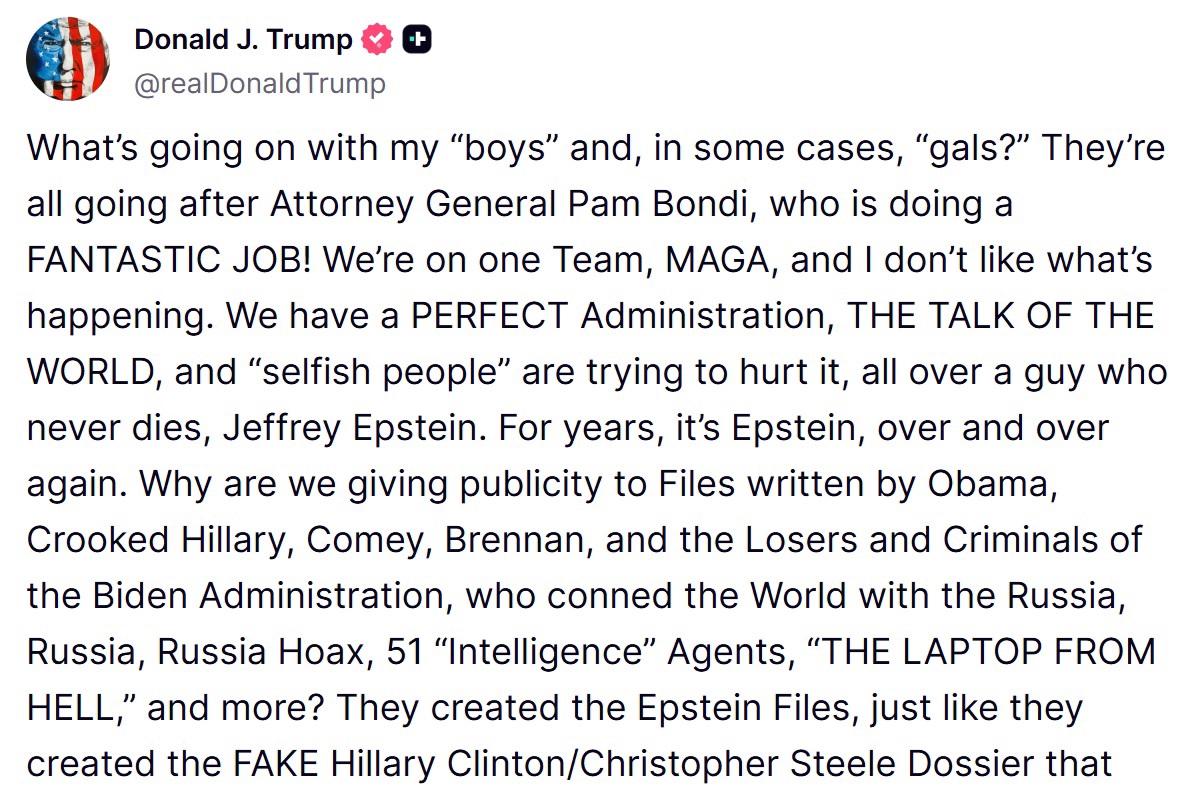 Donald Trump posted a lengthy message on Truth Social in support of Pam Bondi.