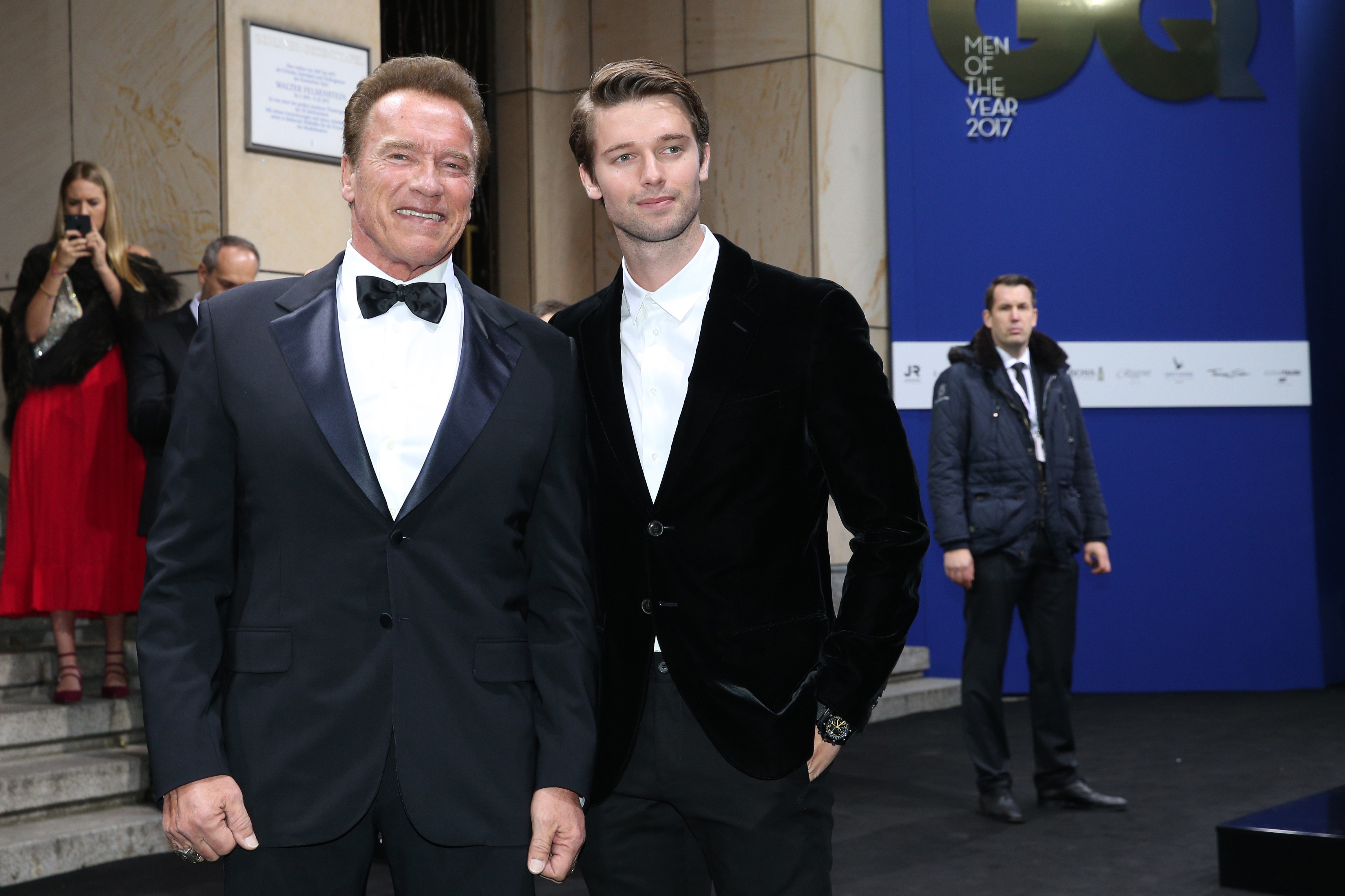 Arnold Schwarzenegger and his son Patrick Schwarzenegger during the GQ Men of the year Award 2017.
