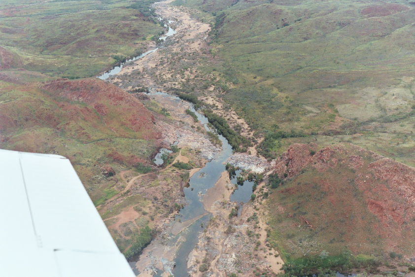 Aerial view from the Piper Cub flying over the Pilbara in Western Australia, over a unit called Marble Bar chert. A sample of the Marble Bar chert is the arrowed sample that is currently flying to Mars as a test target for the SuperCam instrument. 