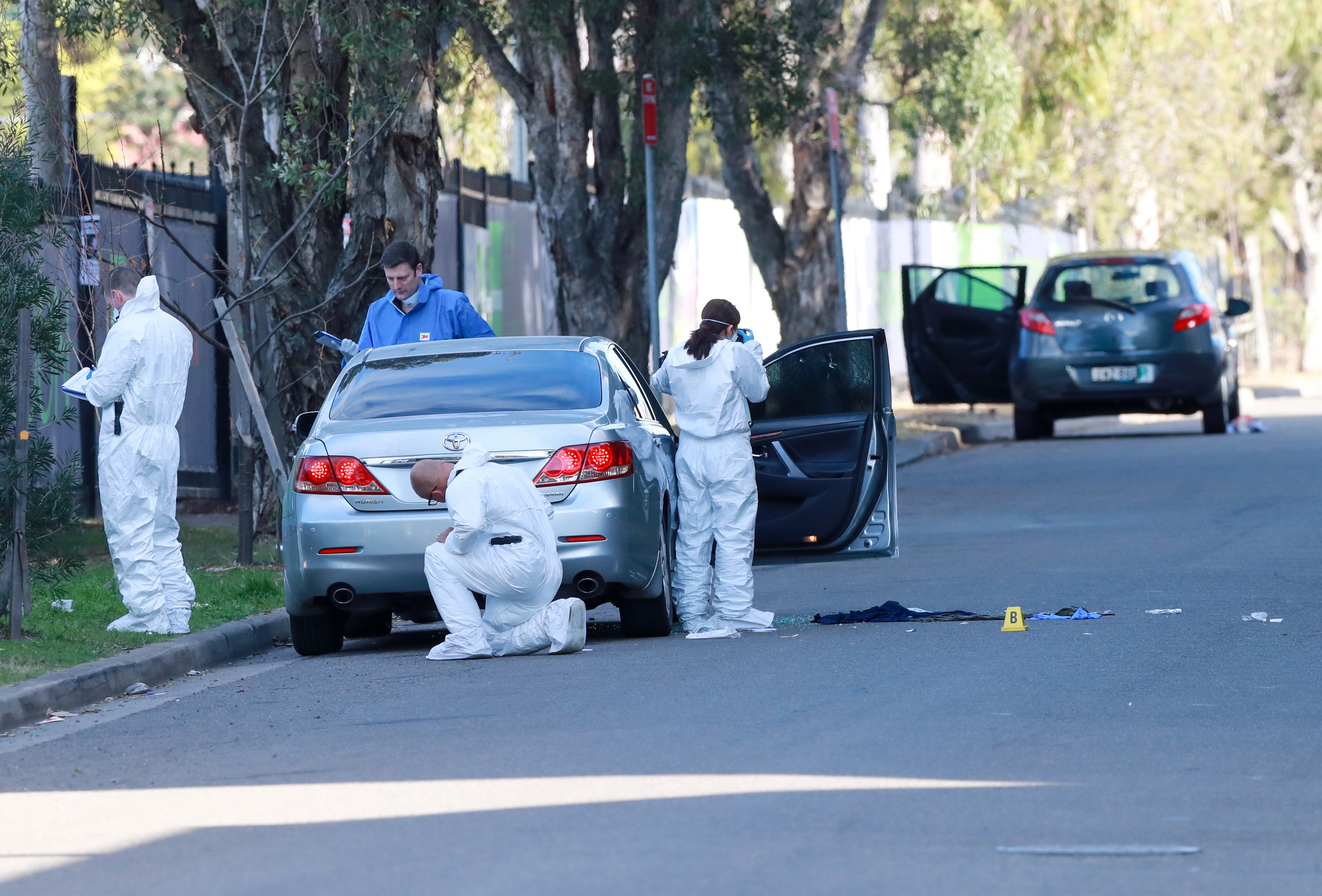 Scene of shooting at Greenacre. Two men, woman shot while sitting in their cars in Greenacre . Bullet holes are seen in the car window. July 23, 2023. Photo Edwina Pickles SMH 