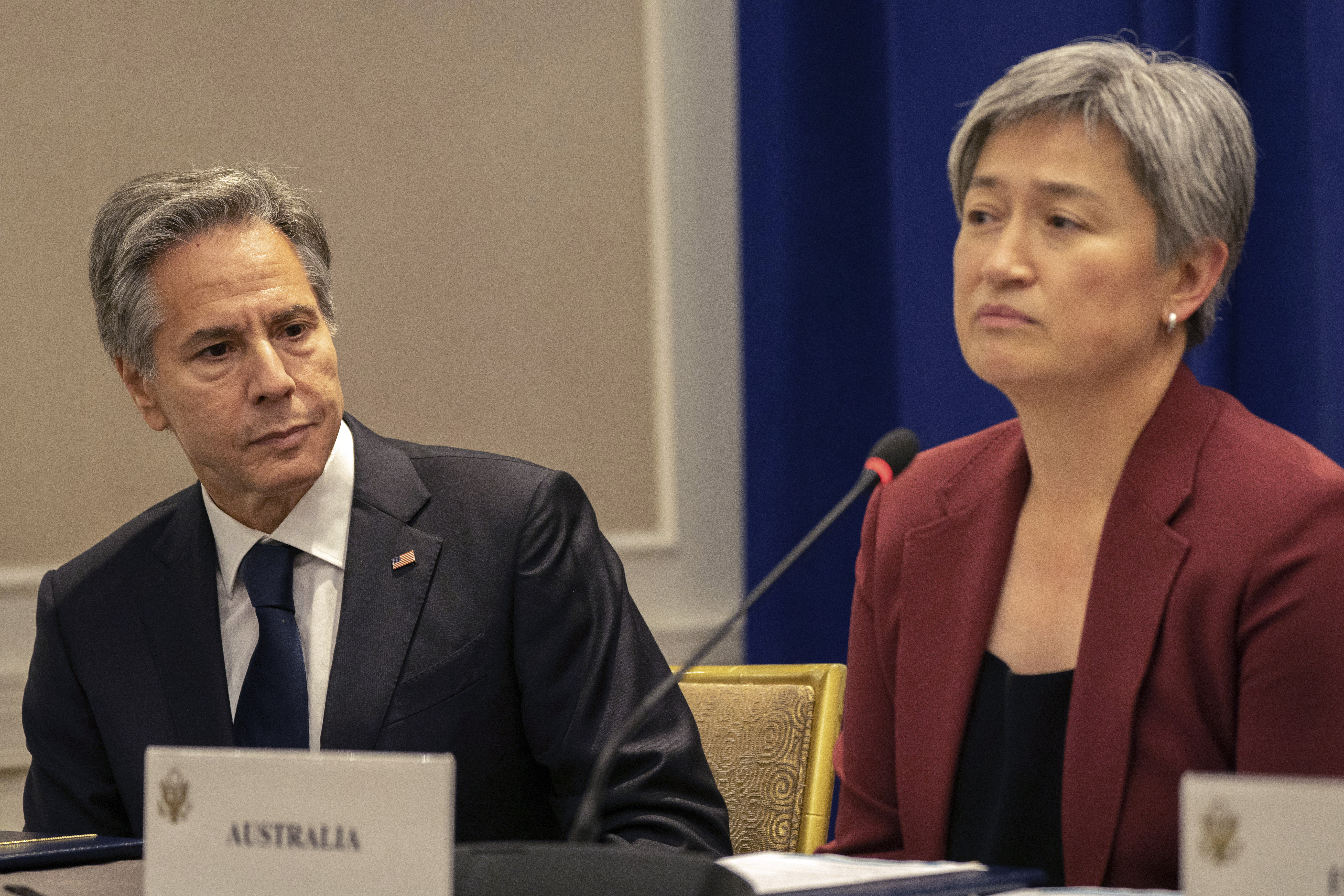 Australian Foreign Minister Penny Wong and Us Secretary of State Antony Blinken attend the Indo-Pacific Quad meeting during the 77th United Nations General Assembly on Friday, Sept. 23, 2022. (David 'Dee' Delgado/Pool Photo via AP)