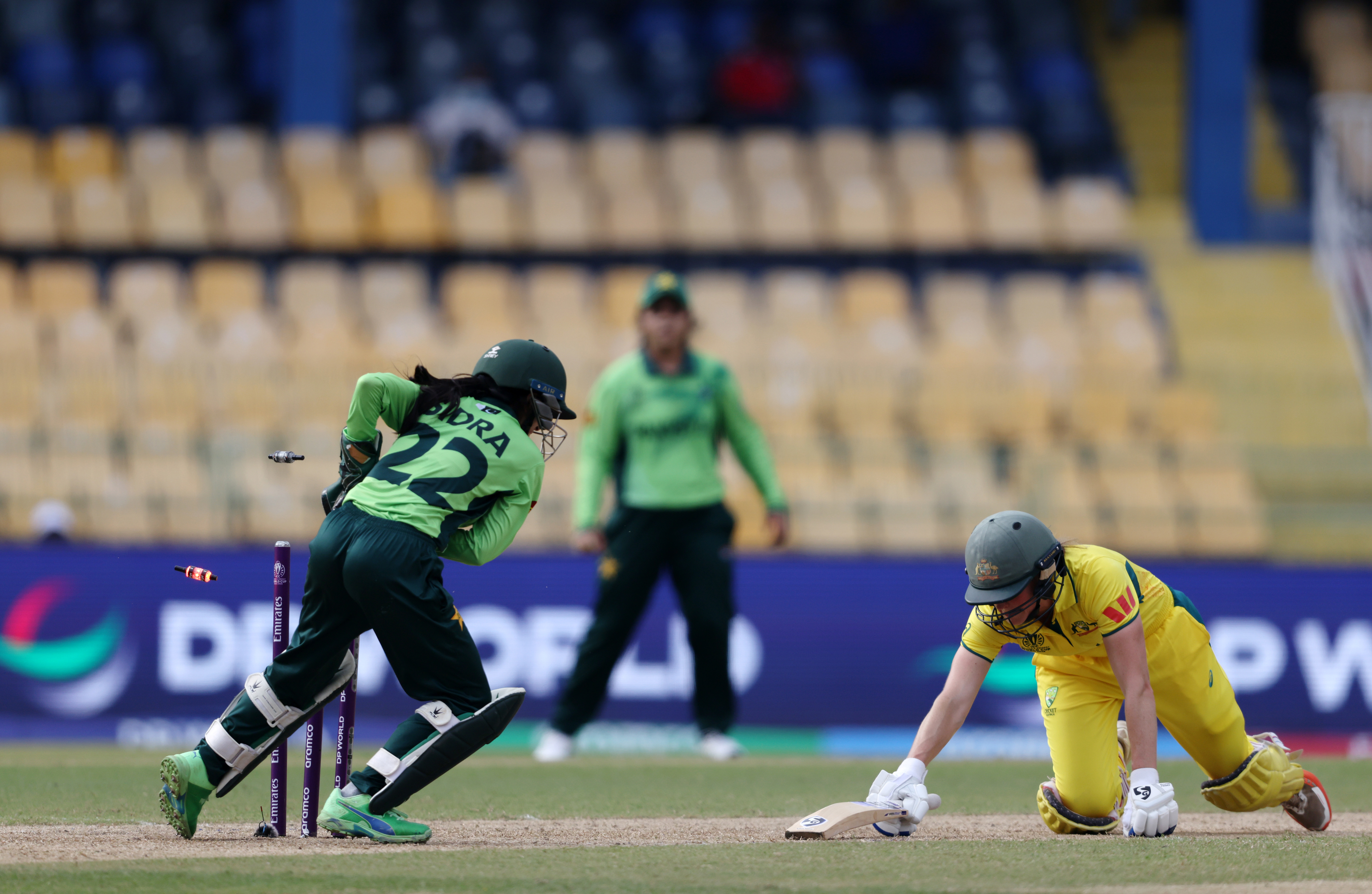 A quick piece of glovework from Sidra Nawaz sees the dismissal of Australia's Ellyse Perry at the World Cup.
