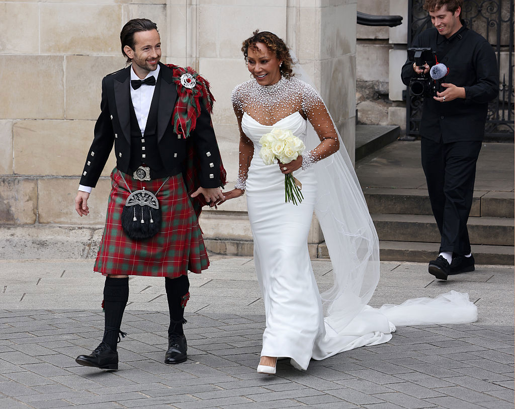 LONDON, ENGLAND - JULY 05: Newlyweds Rory McPhee and Mel B depart St Paul's Cathedral after their wedding on July 05, 2025 in London, England. (Photo by Neil Mockford/GC Images)