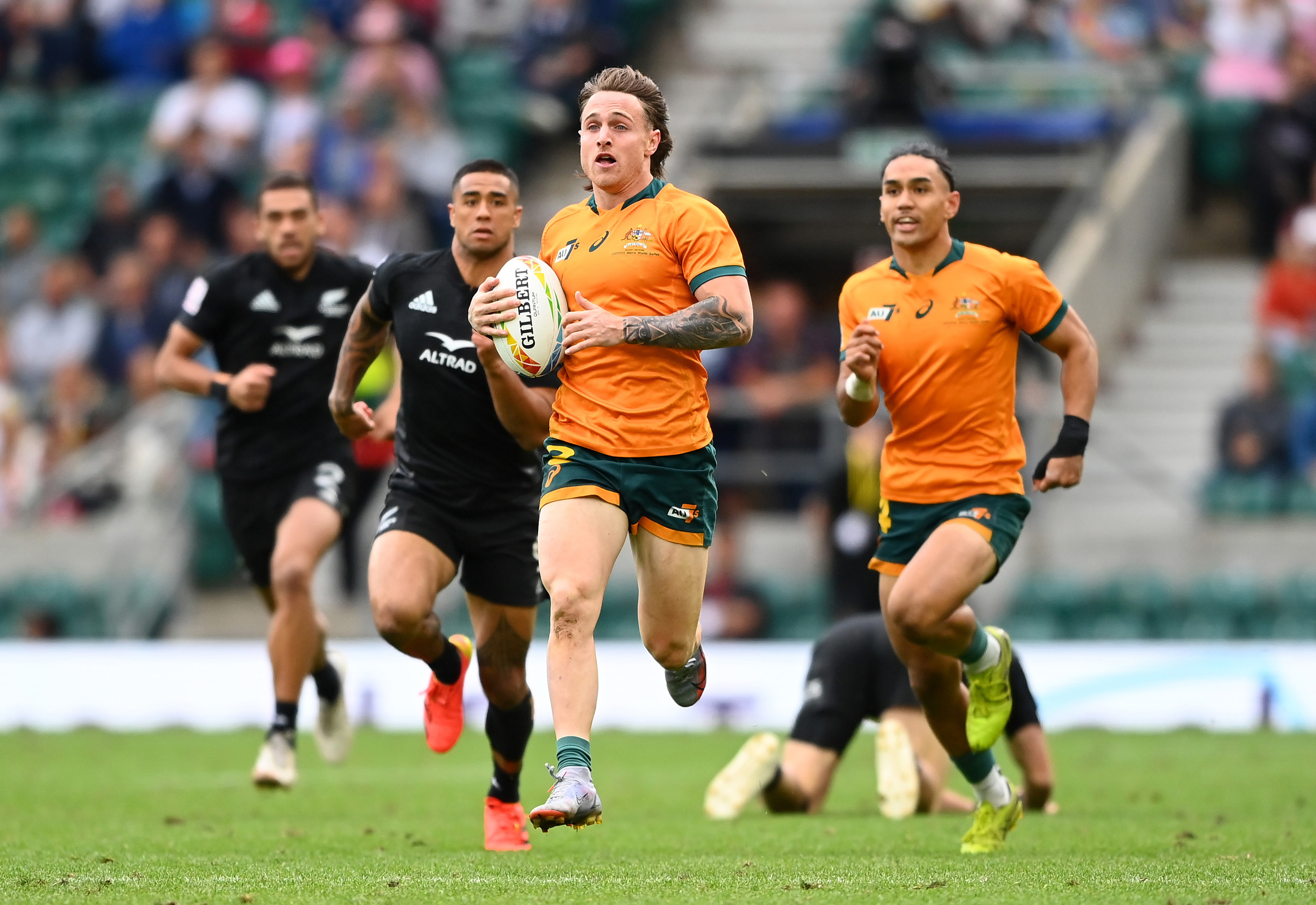 Corey Toole of Australia makes a break during the final between New Zealand and Australia at the London Sevens.
