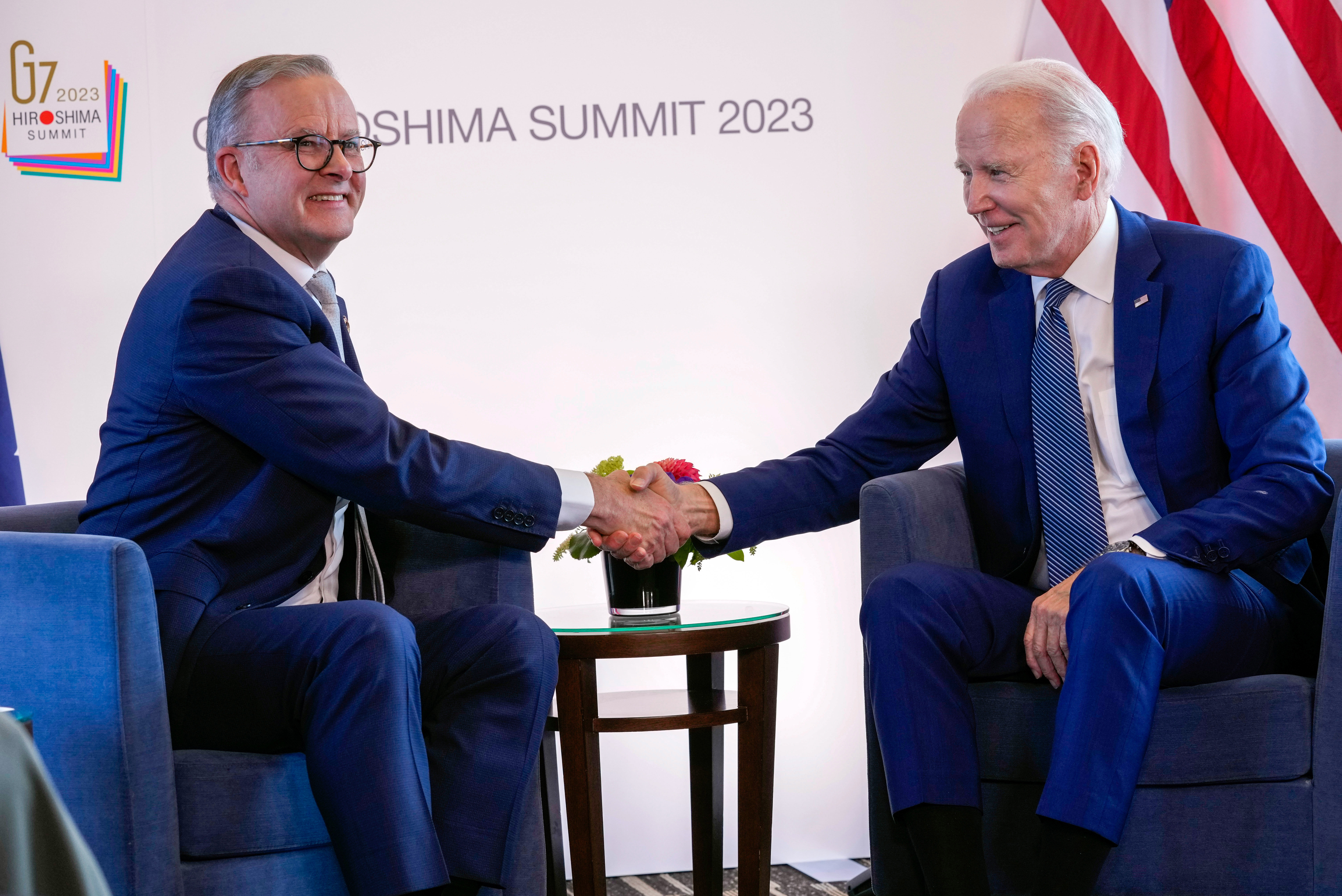 US President Joe Biden, right, and Australia's Prime Minister Anthony Albanese on the sidelines of the G7 Summit in Hiroshima, Japan, Saturday, May 20, 2023.