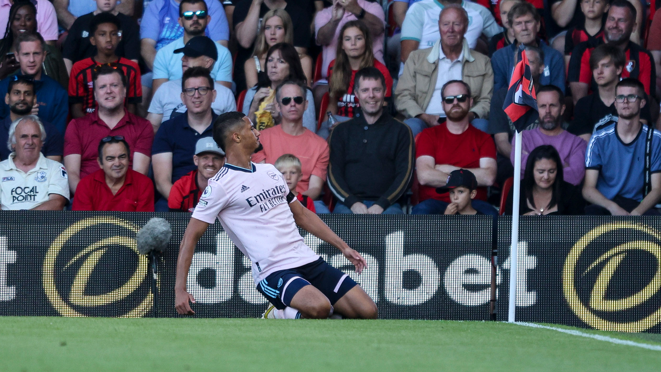 William Saliba of Arsenal celebrates after he scores a goal to make it 3-0 against Bournemouth. 