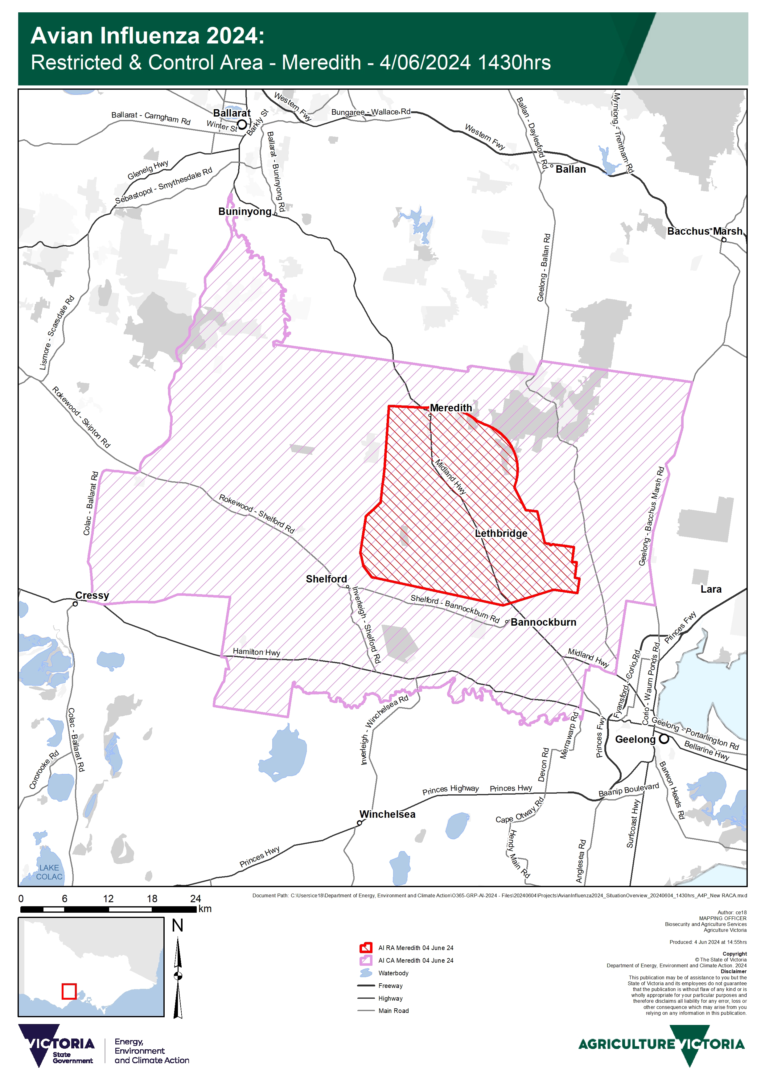 Restricted and control areas near Meredith due to Victoria's bird flu outbreak. 