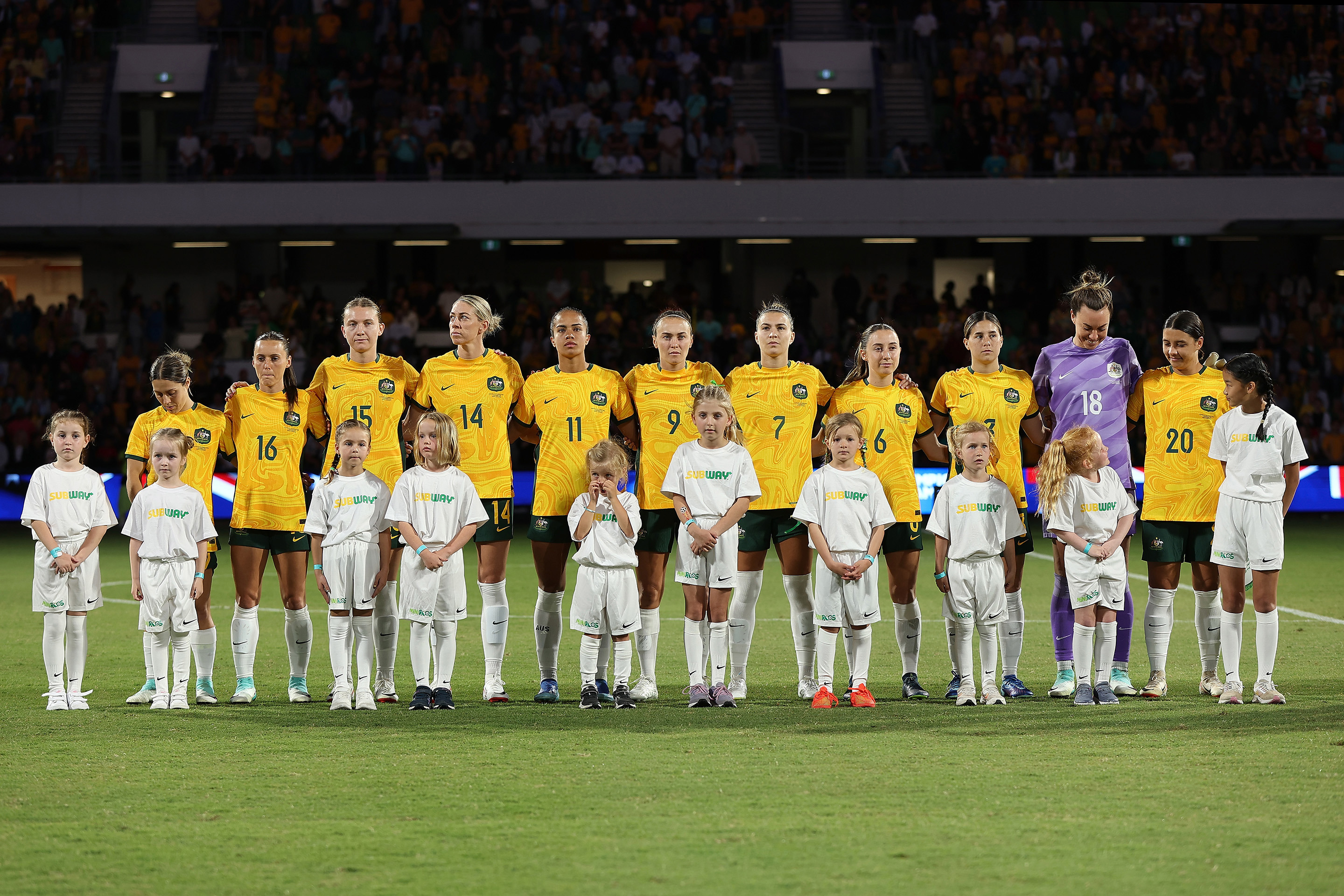 Matildas players before the AFC Women's Asian Olympic qualifier match between Australia and Chinese Taipei in 2023.