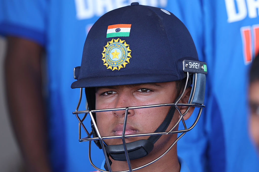 Vaibhav Suryavanshi of India waits to take the field as opening batsman.