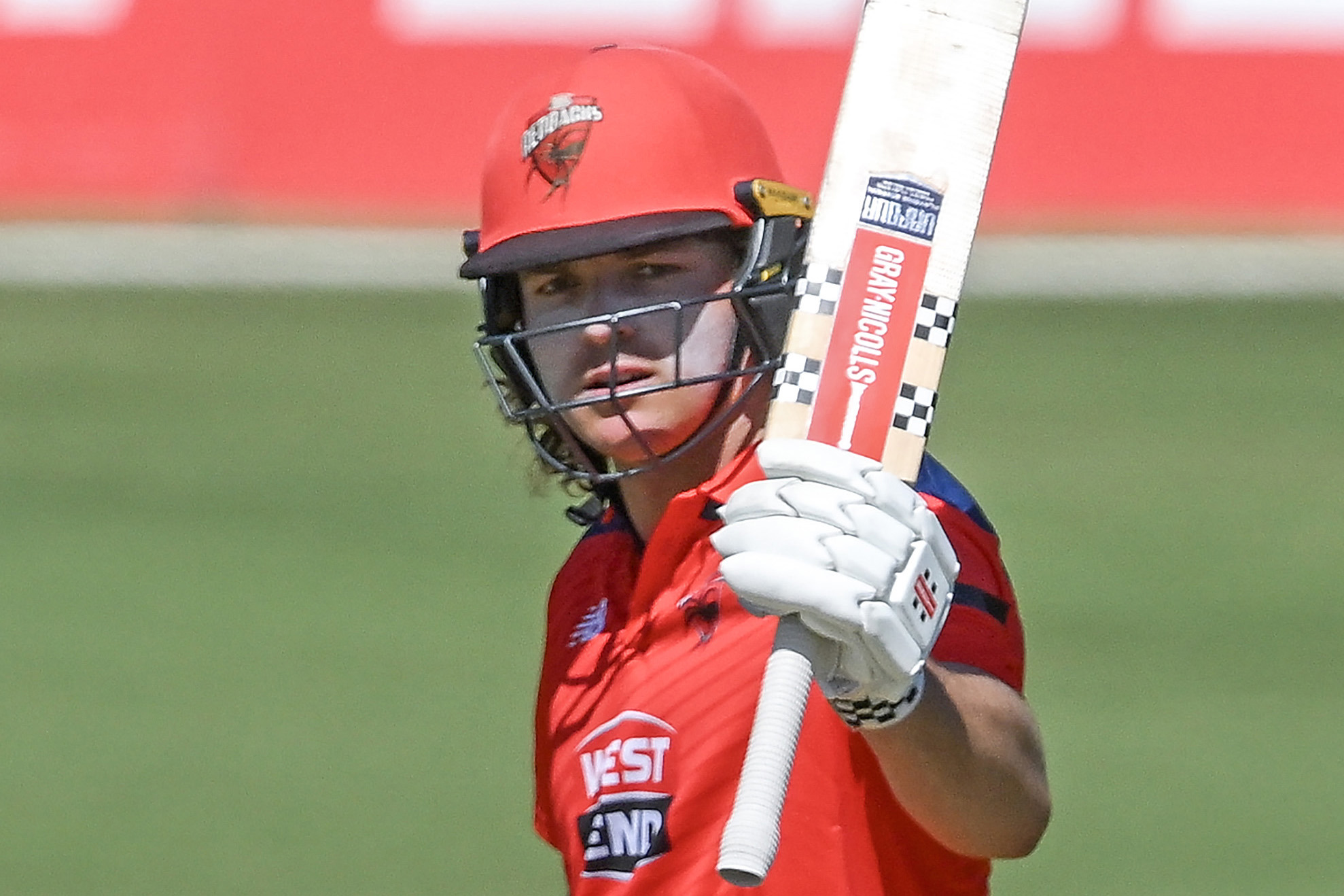 Thomas Kelly of the Redbacks celebrates making his half century during the Marsh One Day Cup match between South Australia and Queensland.