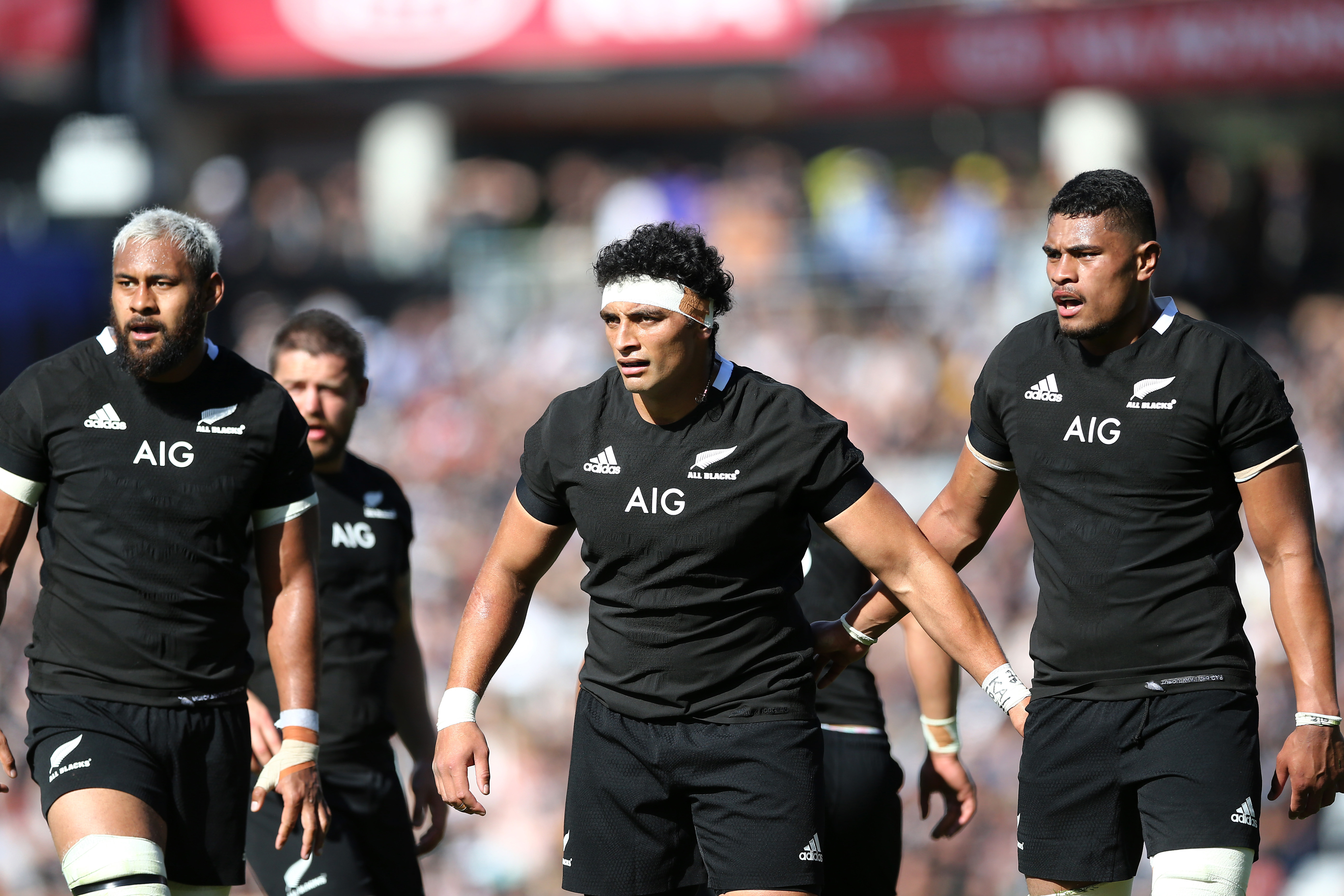 Alex Hodgman (centre) of the All Blacks looks on during the Bledisloe Cup match against the Wallabies in 2020.