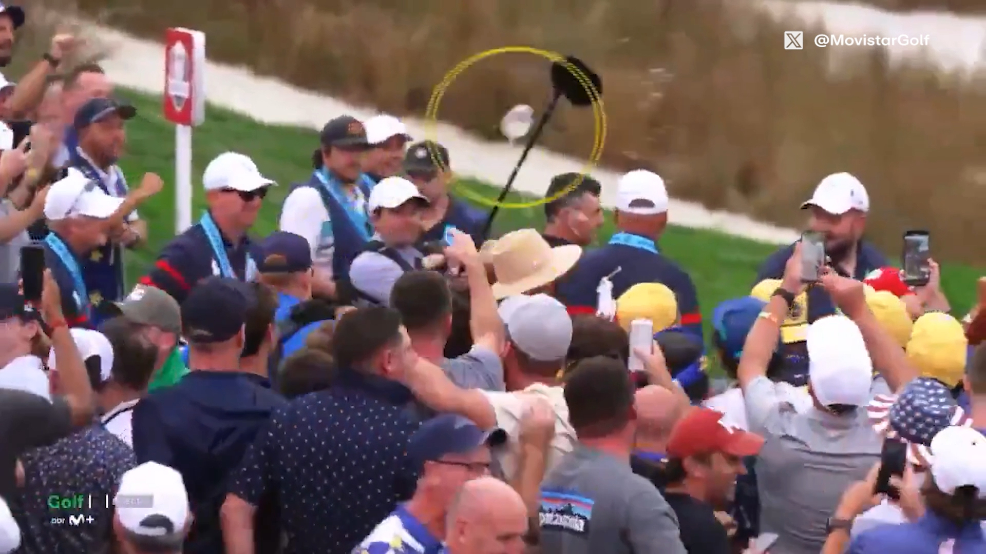 A beer can flies towards Rory McIlroy and his wife at the Ryder Cup.