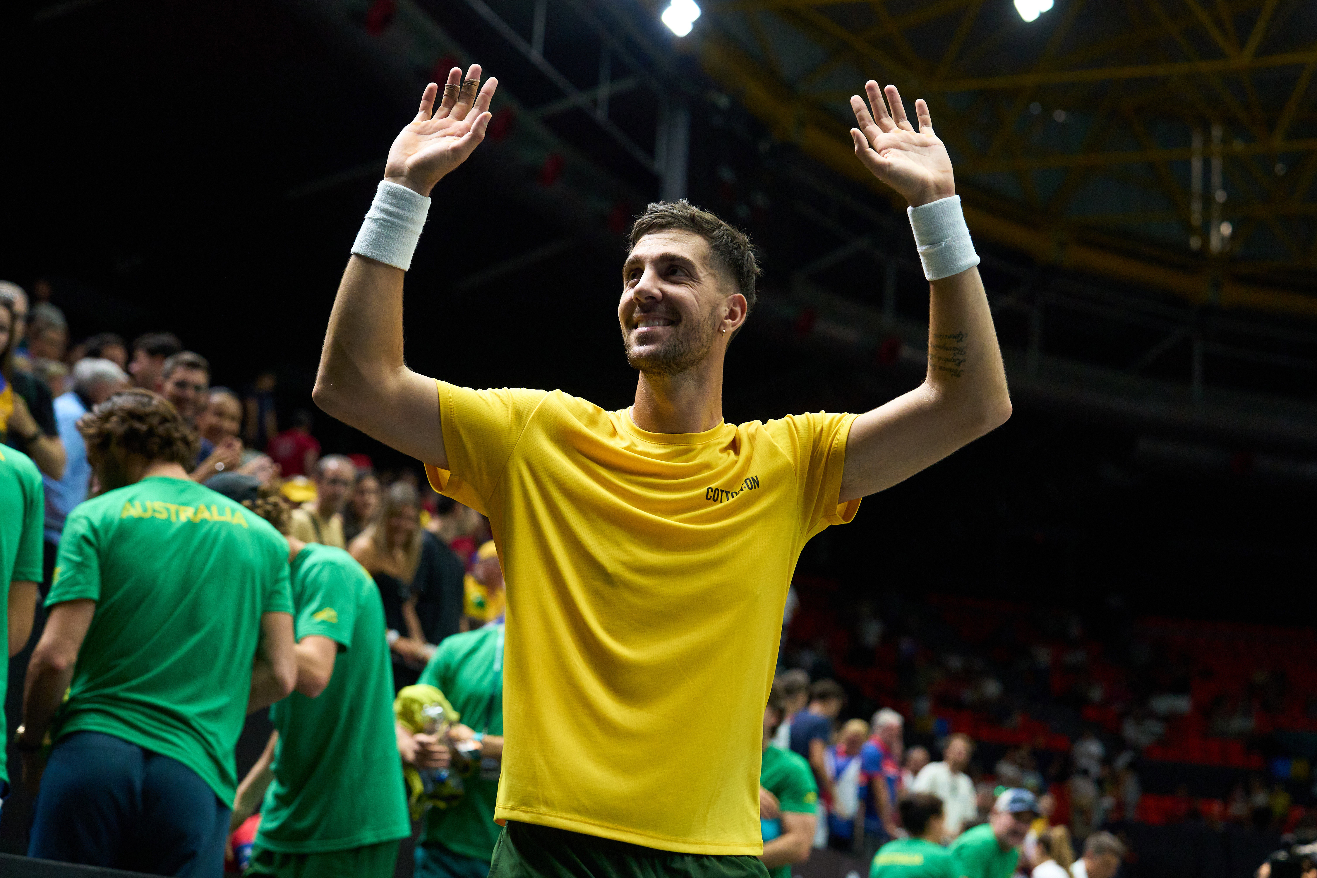 Thanasi Kokkinakis of Australia celebrates victory against Jakub Mensik of Czechia during the 2024 Davis Cup Finals Group Stage match between Australia and Czechia at Pabellon Fuente De San Luis on September 12, 2024 in Valencia, Spain. (Photo by Angel Martinez/Getty Images for ITF)