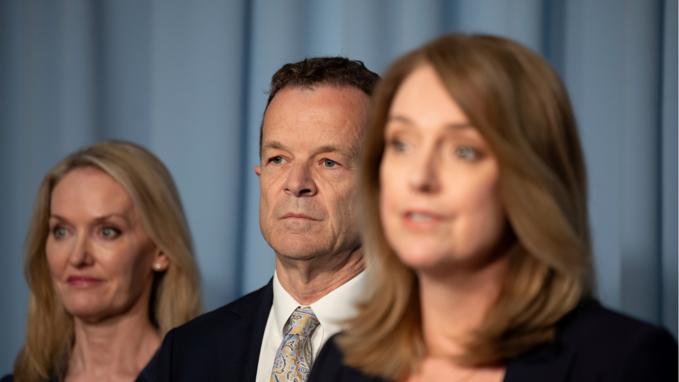 Natalie Ward, Mark Speakman, and Kellie Sloane speak to media at Parliament House.