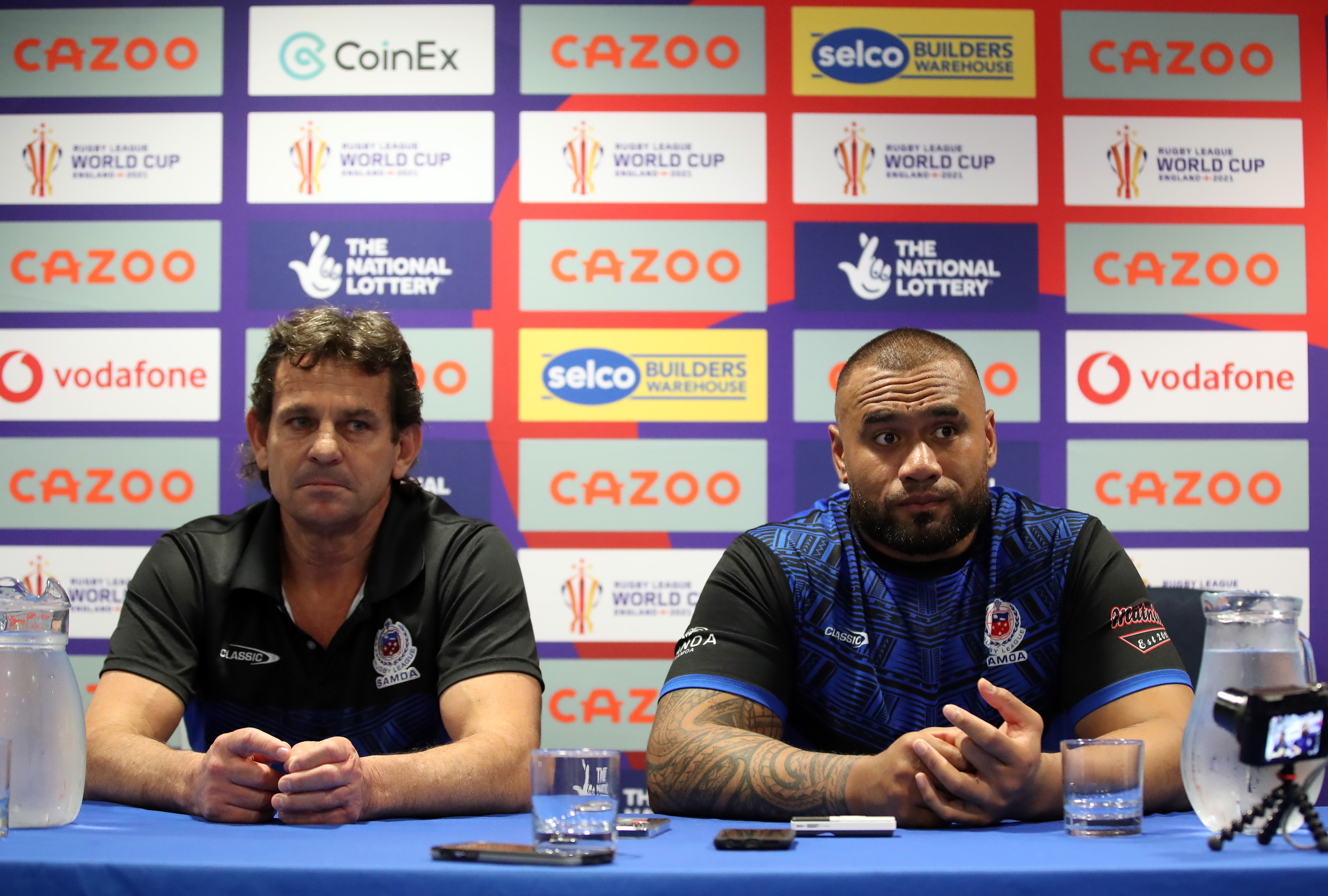 Matt Parish and Junior Paulo answer questions from the media following their Rugby League World Cup pool match.