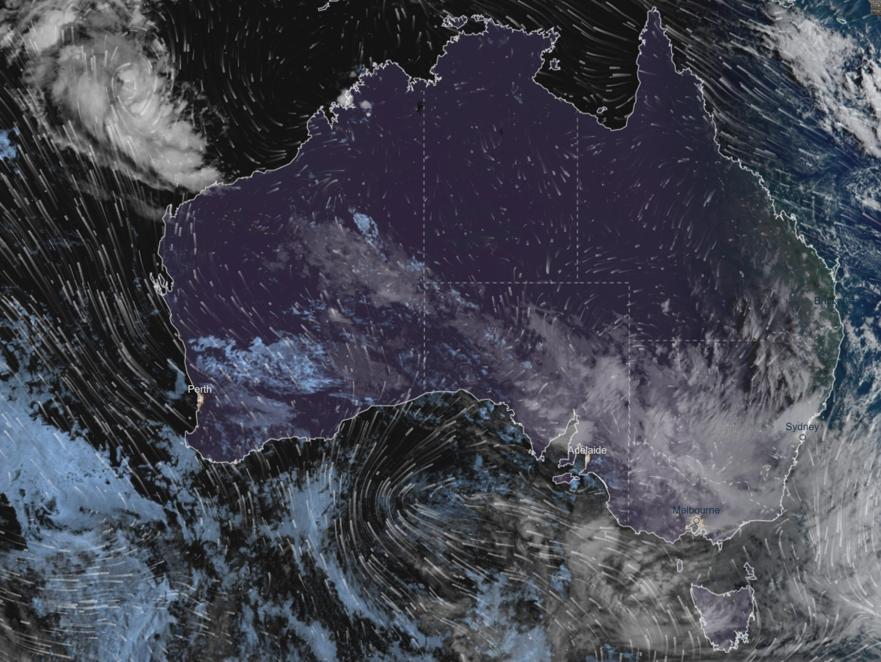 The radar map shows clouds and storms gathering over the south east coast.