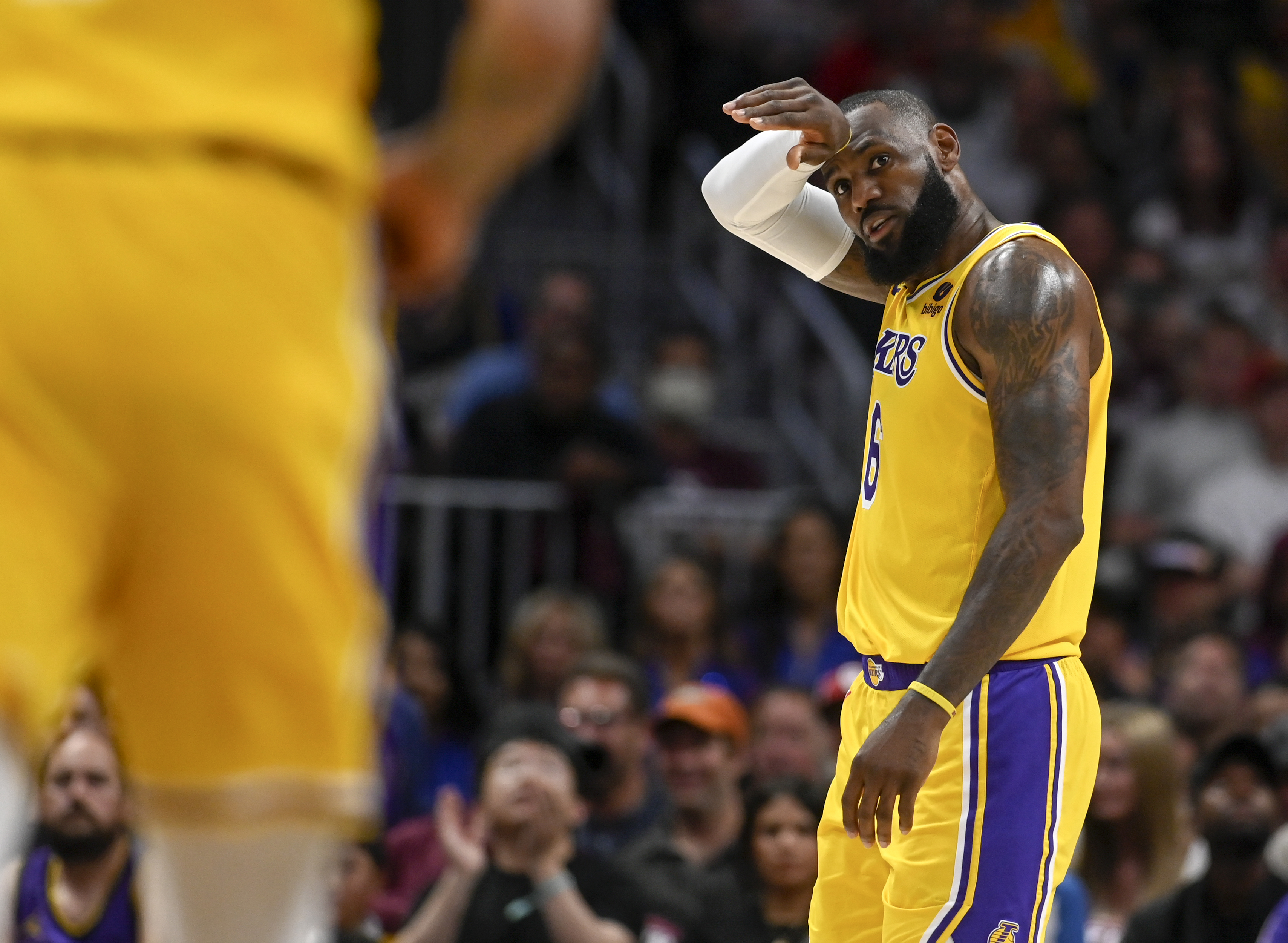 DENVER, CO - MAY 16: LeBron James (6) of the Los Angeles Lakers wipes his brow during the fourth quarter of the Denver Nuggets' 132-126 win at Ball Arena in Denver on Tuesday, May 16, 2023. The Nuggets took a 1-0 lead in the best-of-seven Western Conference Finals. (Photo by AAron Ontiveroz/The Denver Post)