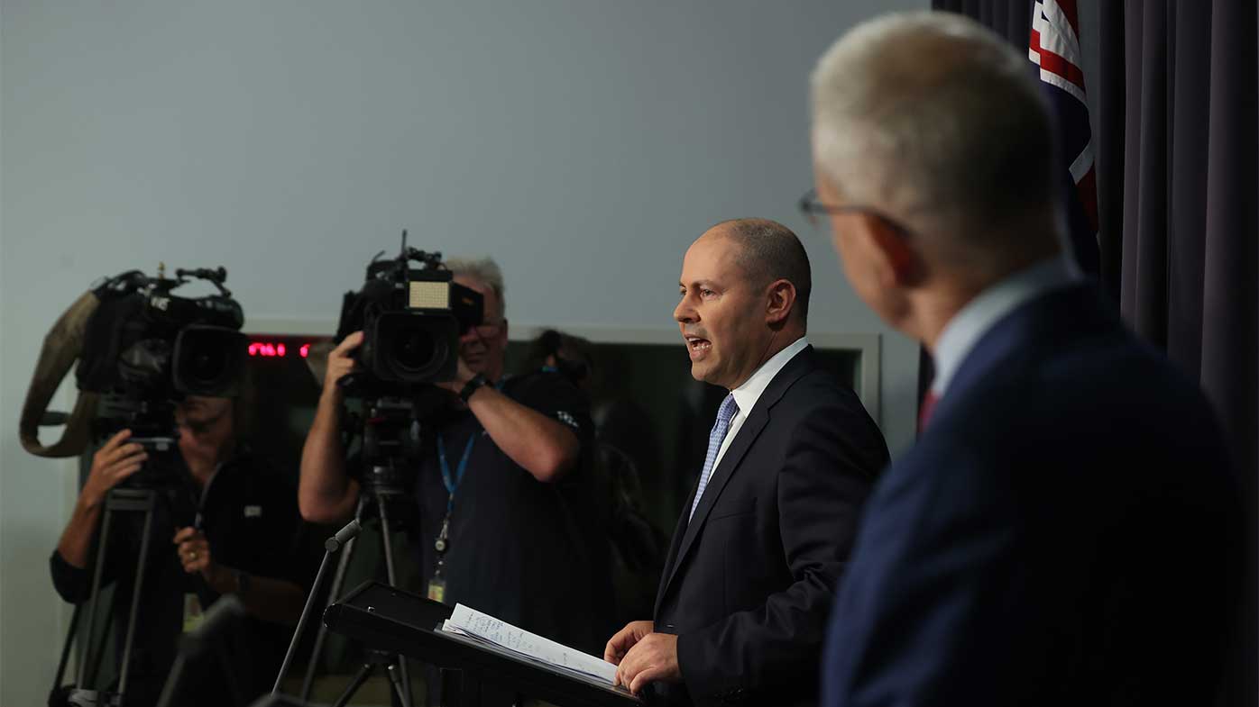 Josh Frydenberg and Paul Fletcher during a press conference on Facebook's news ban.