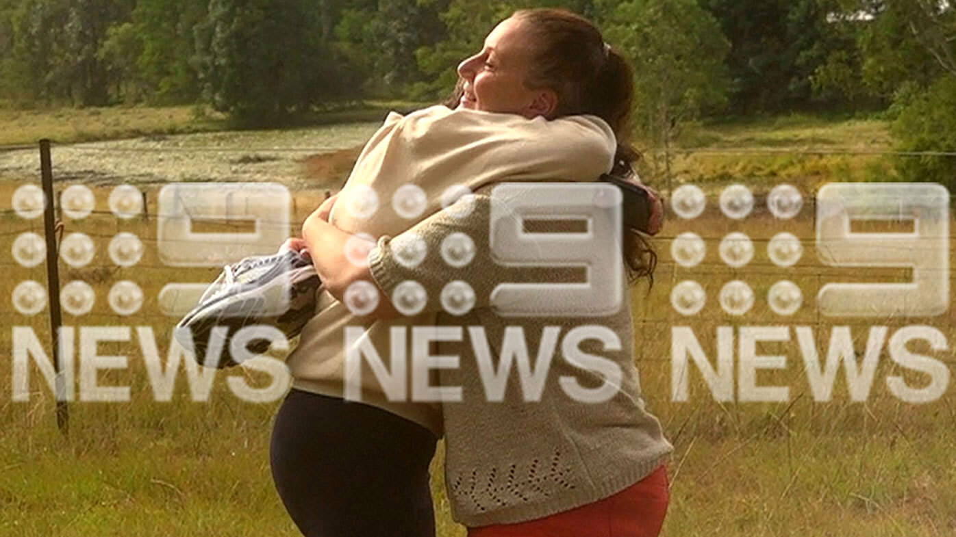 Kathleen Folbigg hugs Tracy Chapman, her childhood friend and longtime advocate, on a property on the North Coast of NSW.