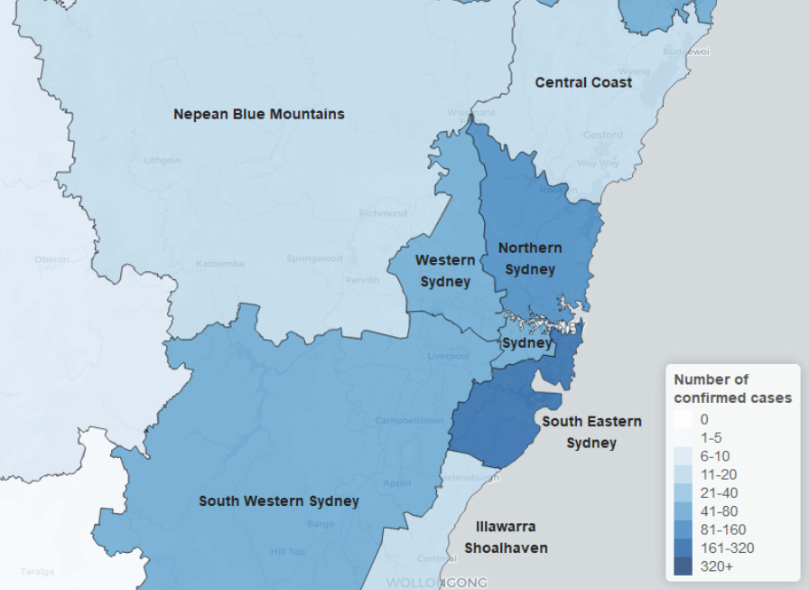 COVID-19 cases across NSW by local health district