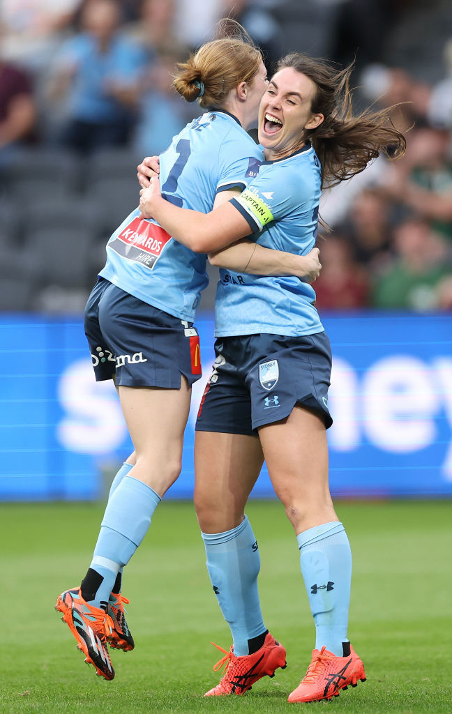 Sydney FC captain Natalie Tobin  celebrates scoring a goal with Cortnee Vine