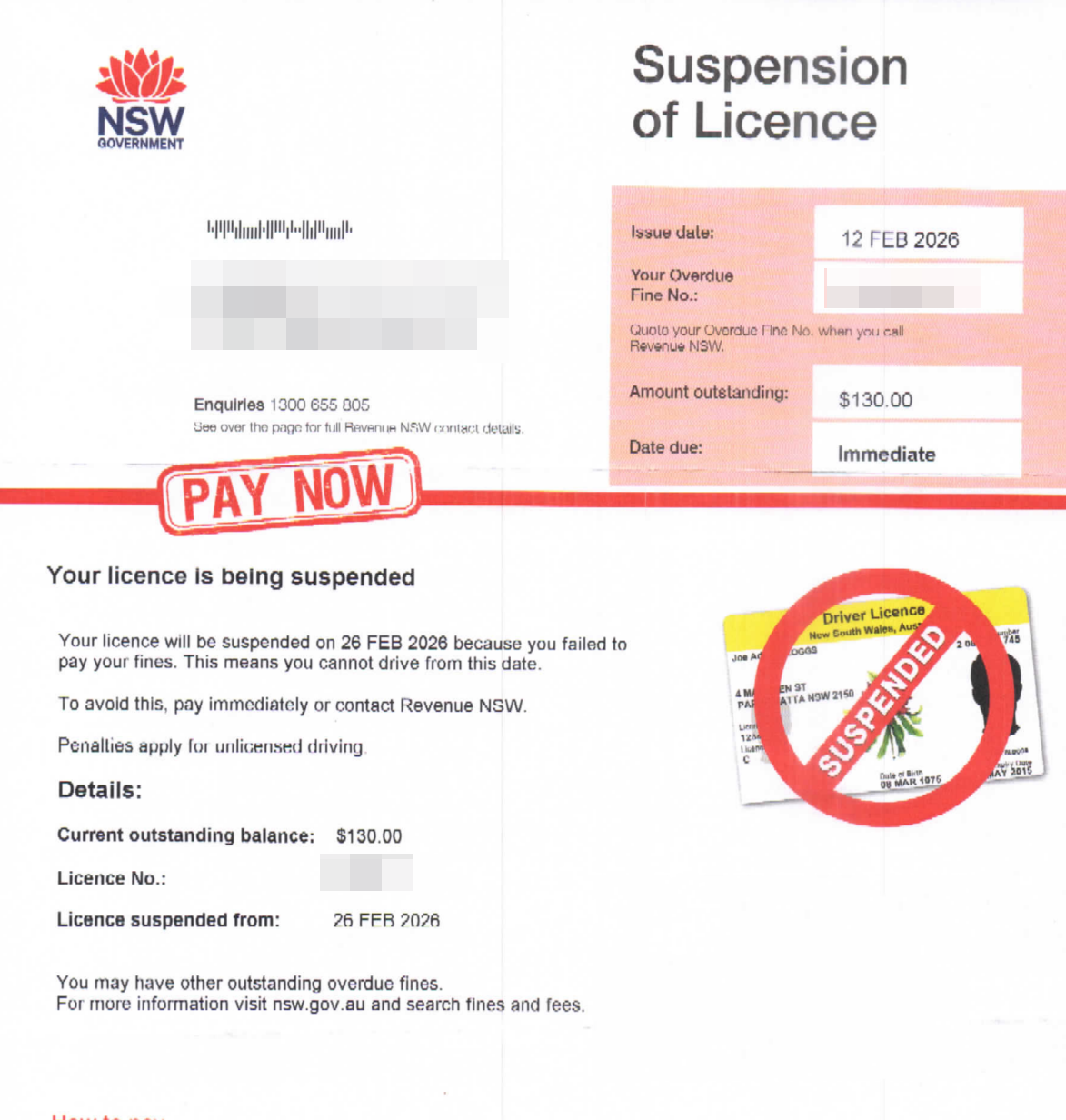 Andy received a shocking letter saying he owed $130 and his licence was about to be suspended.