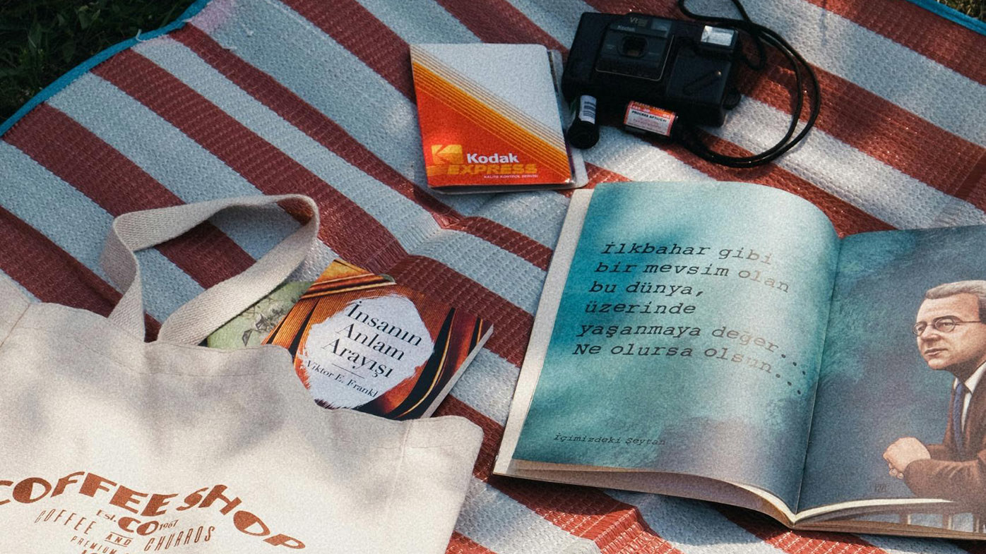 Stock image of a canvas tote bag, novels, and a digital camera on a striped picnic rug.