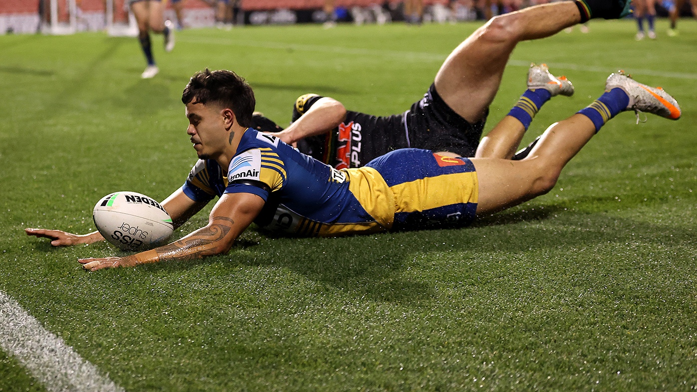 Haze Dunster of the Eels grounds the ball in-goal during the round 16 NRL match between the Penrith Panthers and the Parramatta Eels at BlueBet Stadium on July 02, 2021.