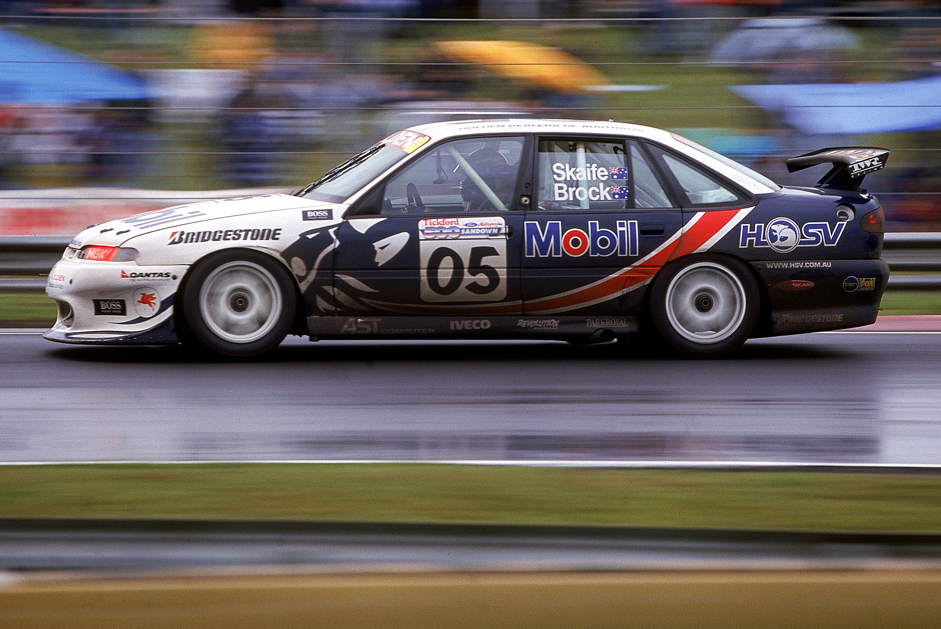 The Holden of Mark Skaife and Peter Brock in action during the Tickford 500 held at Sandown Raceway 1997, in Melbourne, Australia. (Photo by Getty Images)