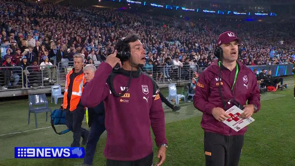 Maroons assistant coaches Johnathan Thurston and Nate Myles.