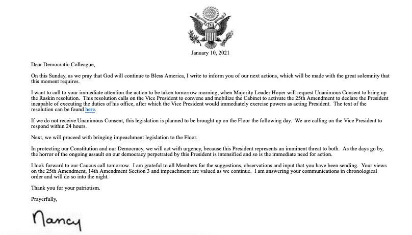 A letter from Nancy Pelosi, detailing plans for President Donald Trump's possible impeachment.