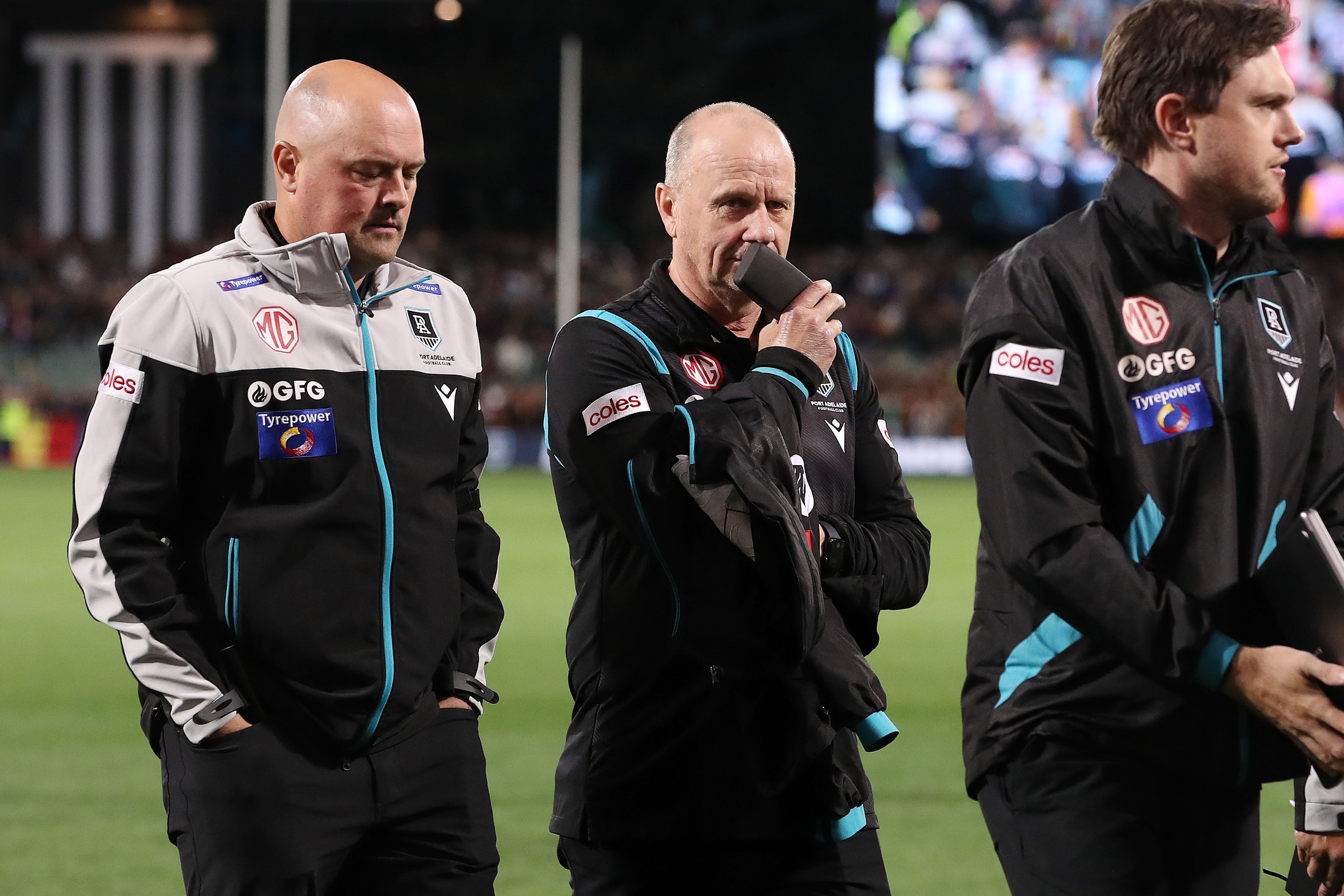 Ken Hinkley is seen with Port Adelaide footy boss Chris Davies.