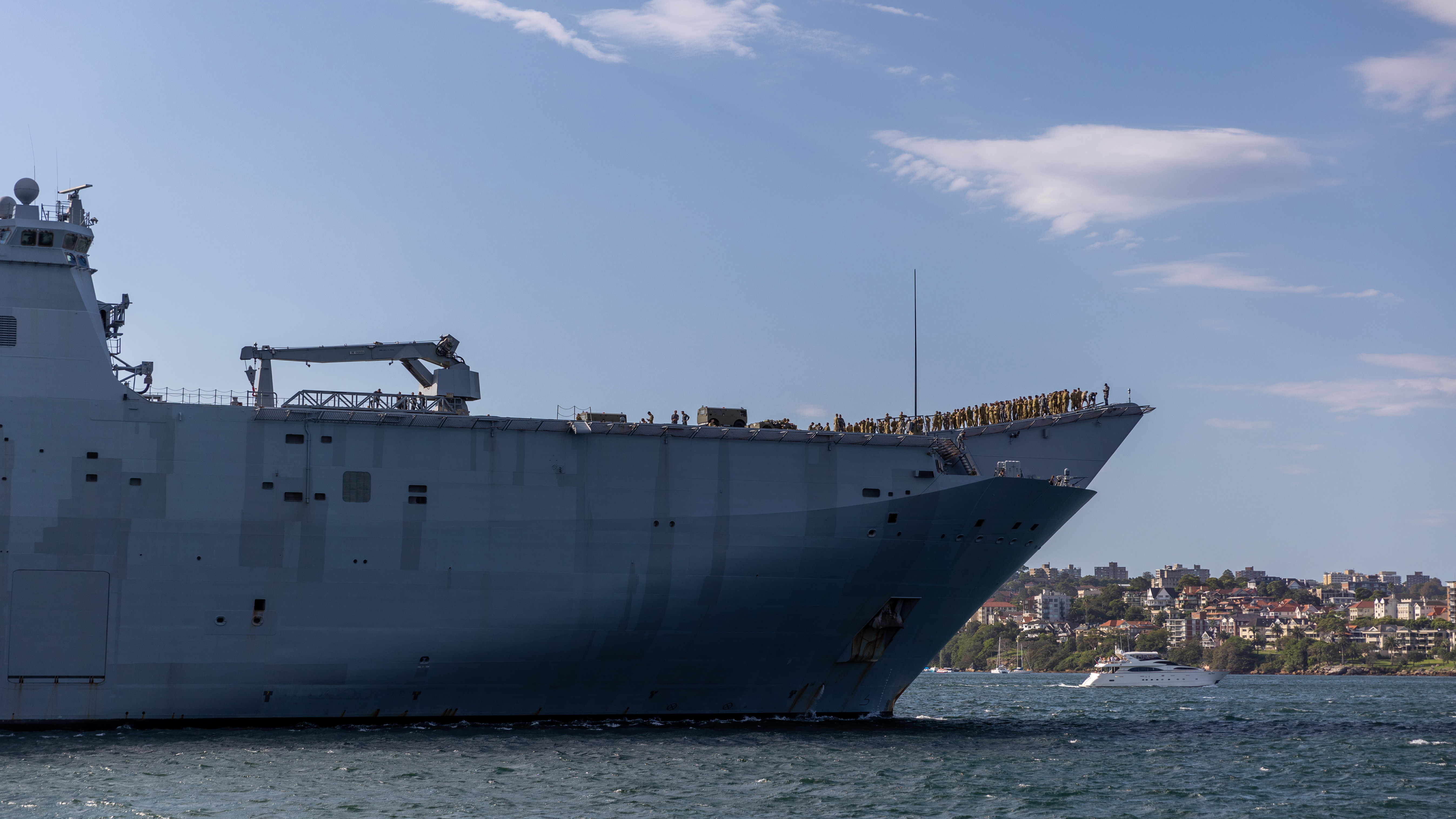 HMAS Canberra sails from Fleet Base East in Sydney to assist the Government of Vanuatu with humanitarian aid following Tropical Cyclones Judy and Kevin.