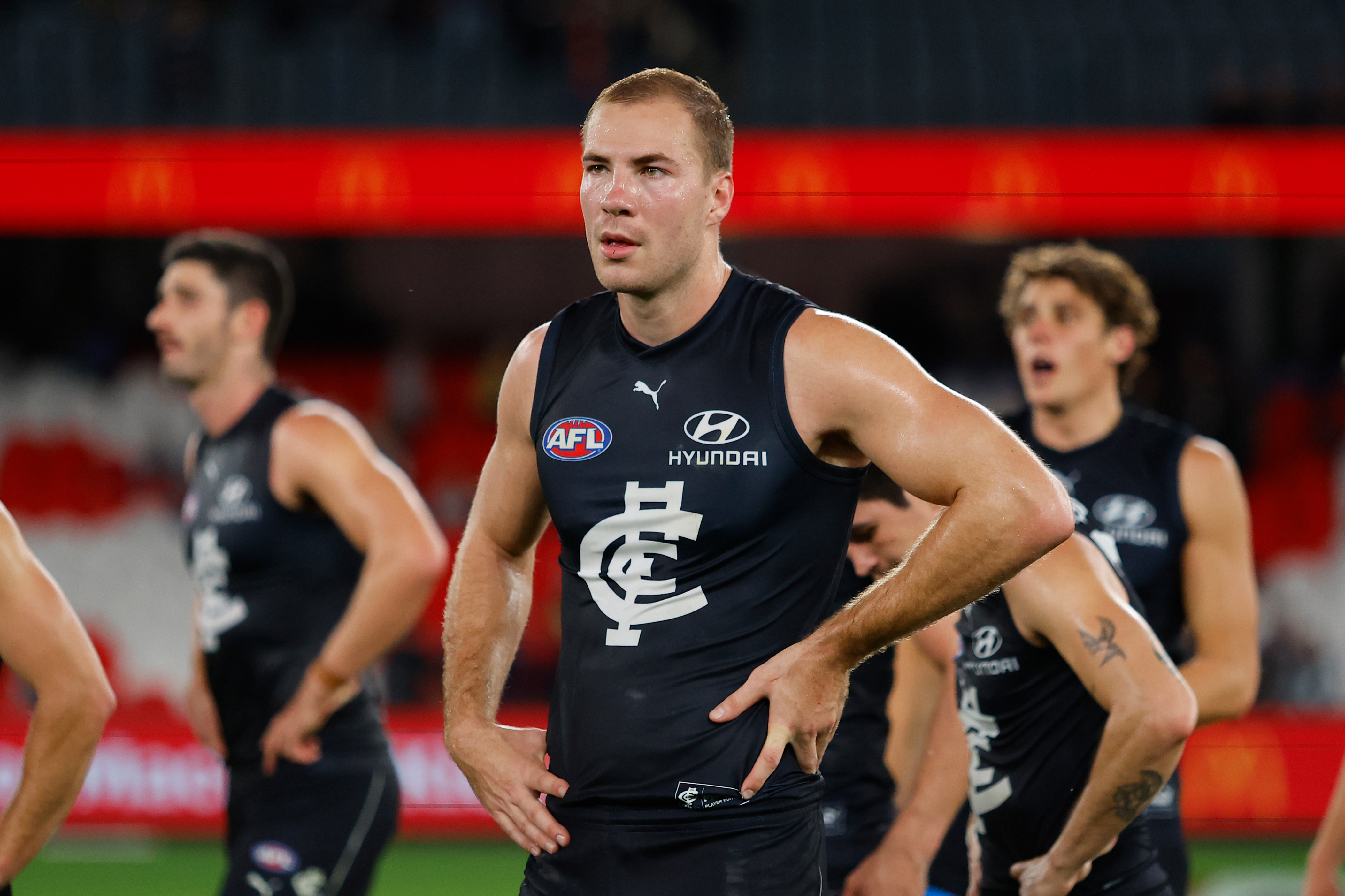 MELBOURNE, AUSTRALIA - APRIL 23: Harry McKay of the Blues looks dejected after a loss during the 2023 AFL Round 06 match between the Carlton Blues and the St Kilda Saints at Marvel Stadium on April 23, 2023 in Melbourne, Australia. (Photo by Dylan Burns/AFL Photos)