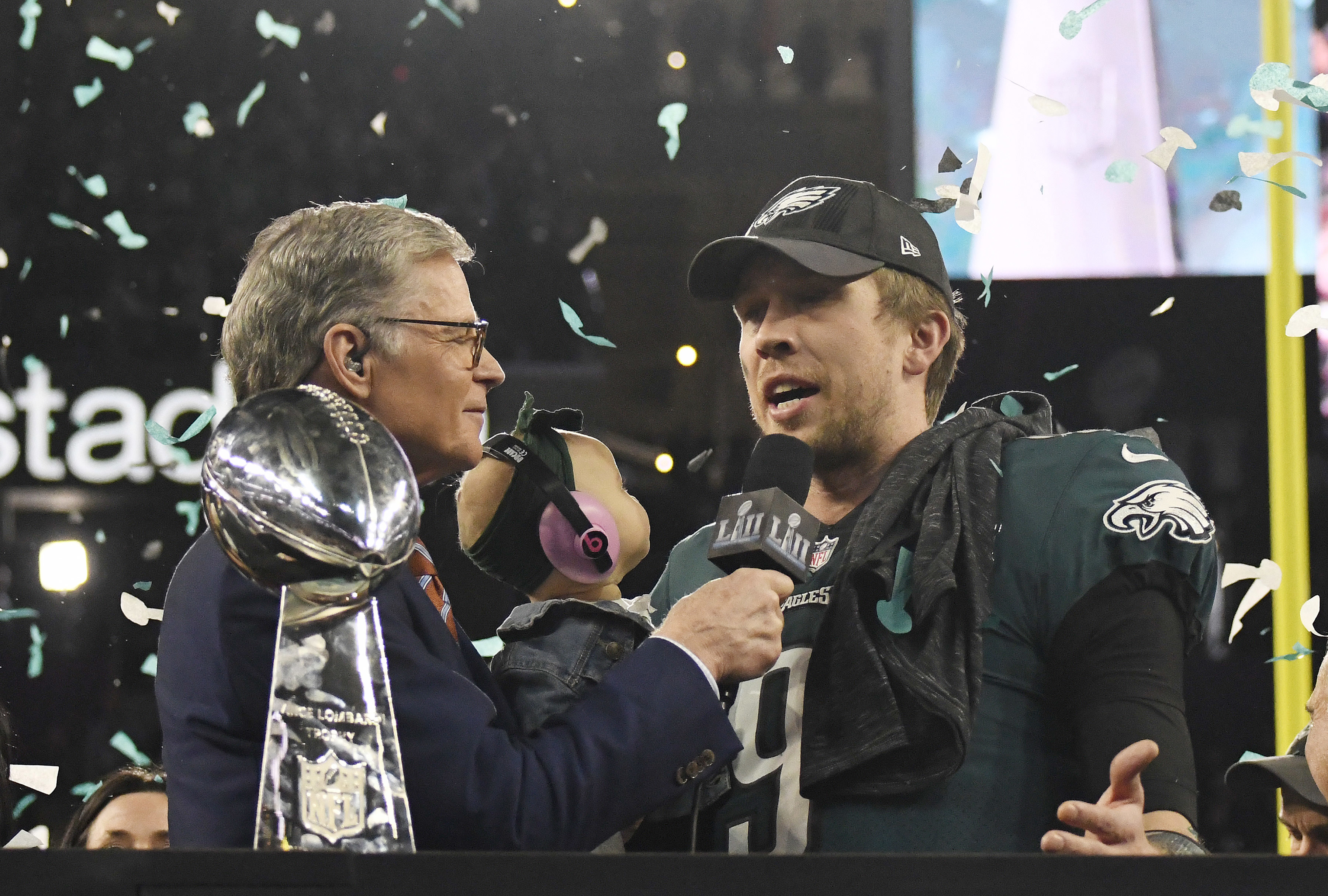 MINNEAPOLIS, MN - FEBRUARY 04: Nick Foles #9 of the Philadelphia Eagles talks with commentator Dan Patrick after the Eagles defeated the New England Patriots in Super Bowl LII at U.S. Bank Stadium on February 4, 2018 in Minneapolis, Minnesota. The Eagles defeated the Patriots 41-33. (Photo by Focus on Sport/Getty Images) *** Local Caption *** Nick Foles; Dan Patrick