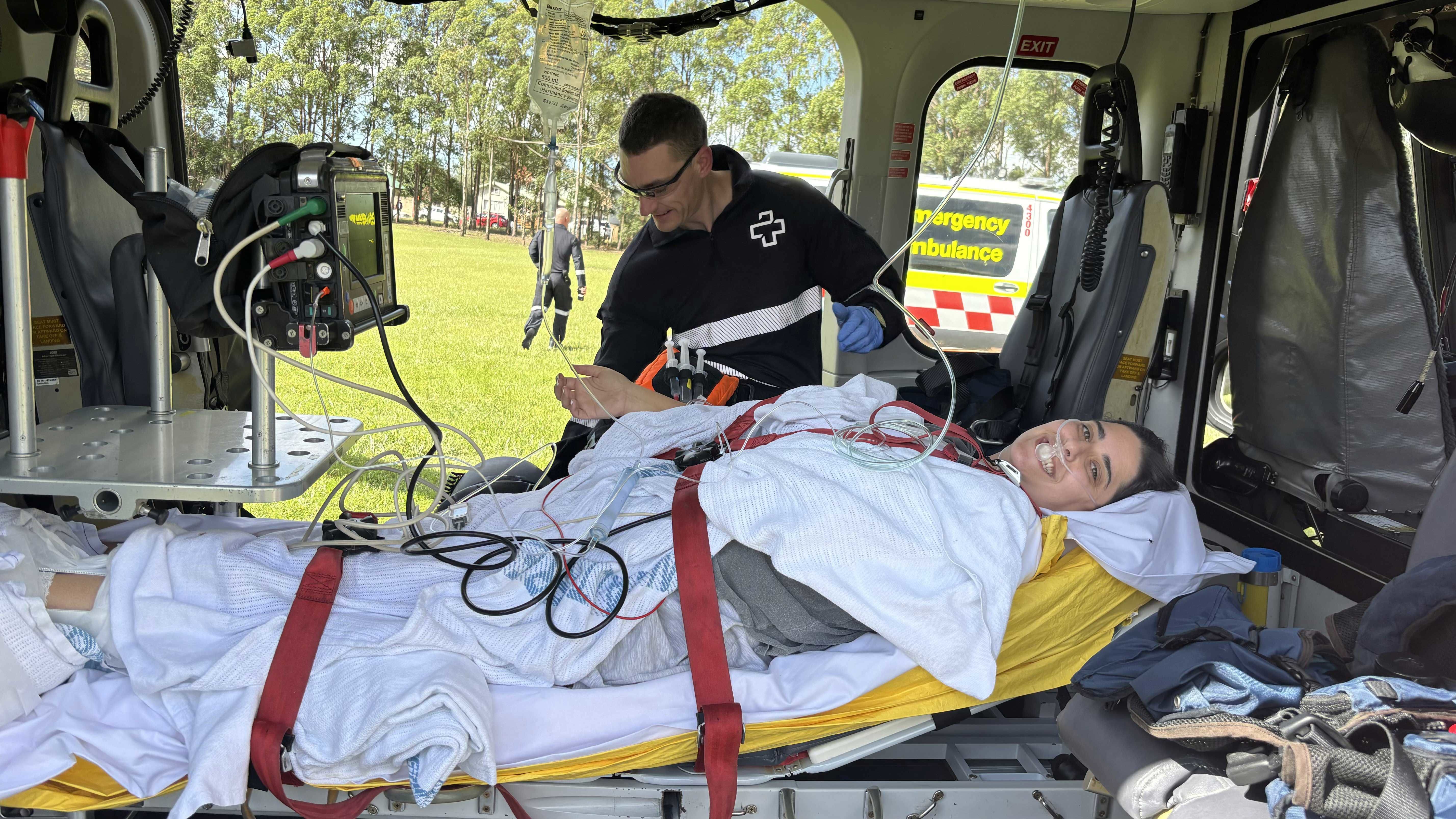 Stephanie said her new wife Megan showed incredible strength, while calmly informing paramedics her pain was about 1000 on a scale of 1-10.