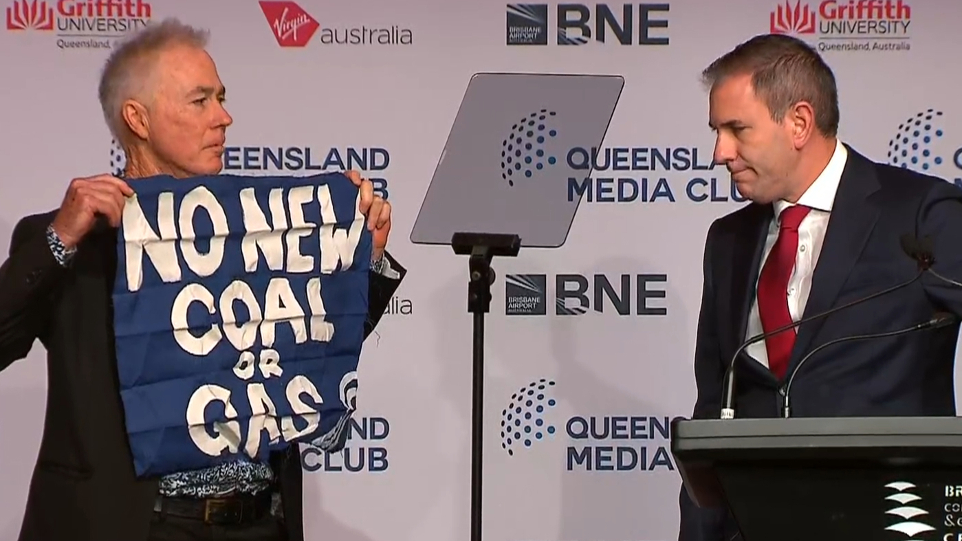 Chalmers was interrupted by a protester during his speech to Brisbane's Media Club.