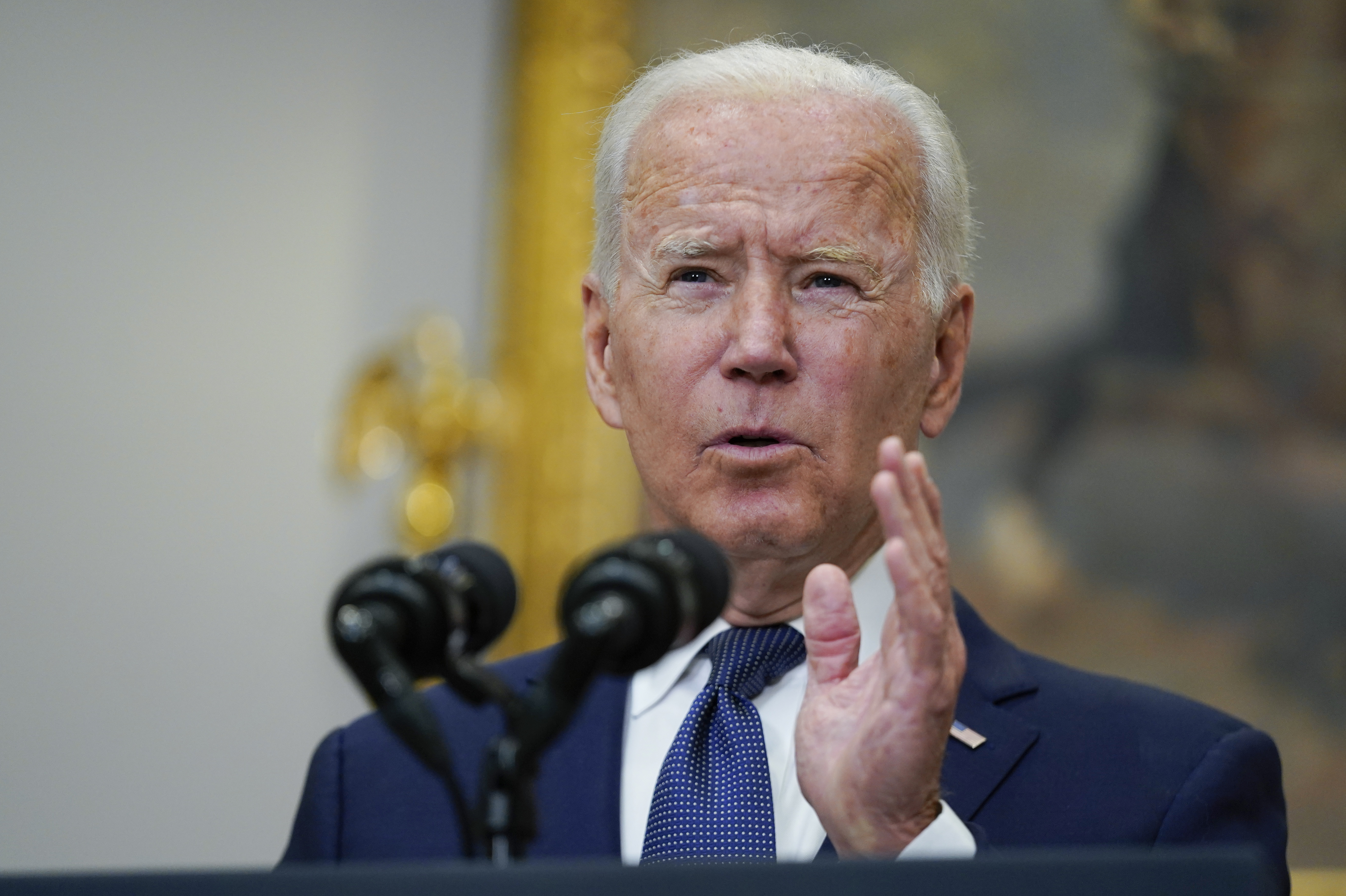 President Joe Biden speaks about Hurricane Henri and Afghanistan evacuations in the Roosevelt Room of the White House, Sunday, Aug. 22, 2021, in Washington. (AP Photo/Manuel Balce Ceneta)