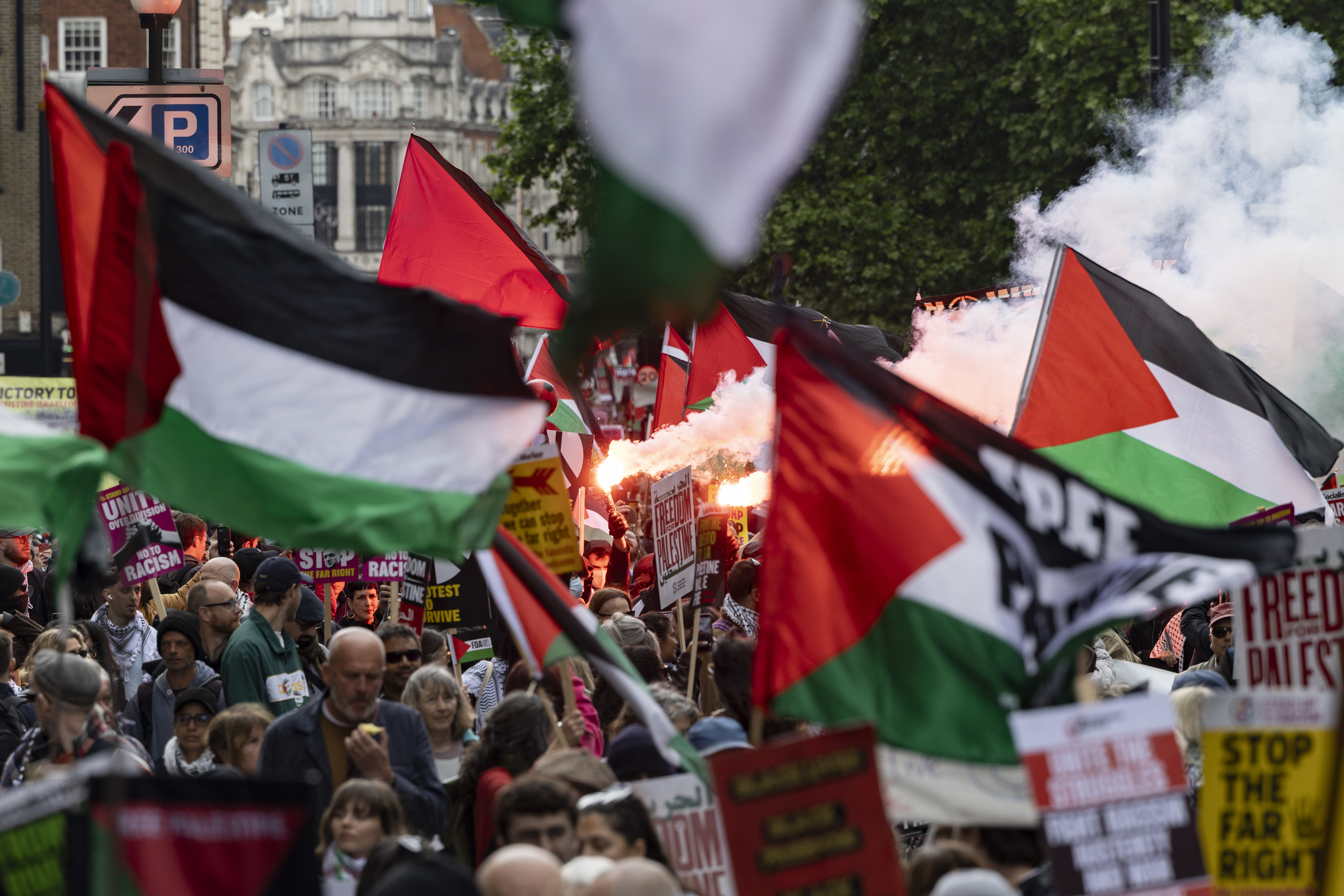 LONDON, ENGLAND -MAY 15: People take part in the 78th Nakba Anniversary March on May 16, 2026 in London, England. Today is the 78th Nakba anniversary, demanding an end to British support for Israel. The Metropolitan Police have imposed Public Order Act conditions, restricting the protest to Pall Mall to separate it from a concurrent far-right rally on Whitehall. (Photo by Brook Mitchell/Getty Images)