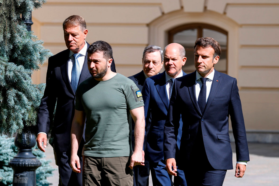 France's President Emmanuel Macron, right, Romanian President Klaus Iohannis, left, Prime Minister of Italy Mario Draghi, center, Ukraine President Volodymyr Zelenskyy, second left, and German Chancellor Olaf Scholz in Kyiv, Thursday, June 16, 2022.